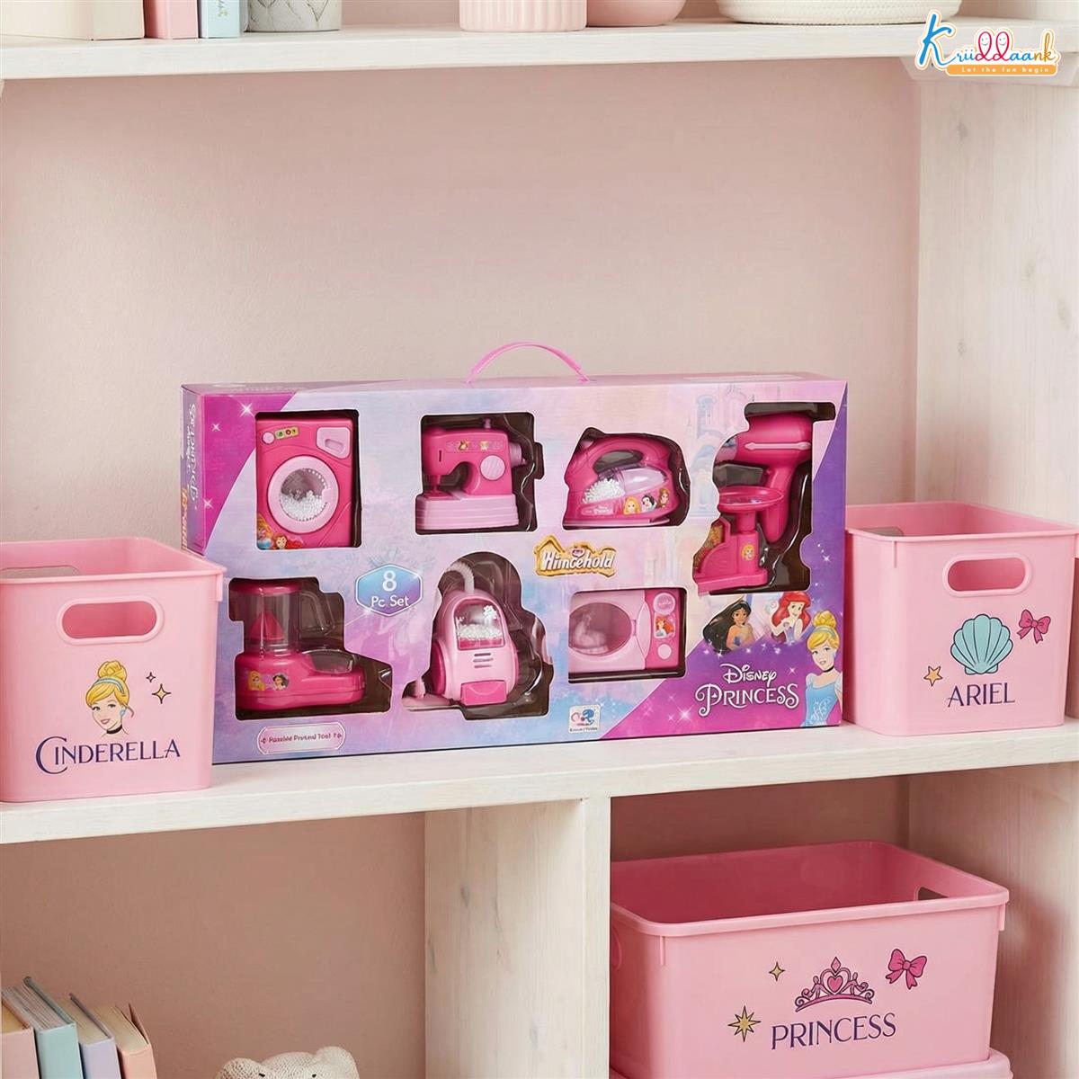 Disney Princess 8-Piece Household Role Play Toy Set - Kids Pretend Play Home Appliances with Vacuum, Washer, Microwave & Iron - Battery Operated with Lights - Pink Educational Gift for Girls Ages 3+