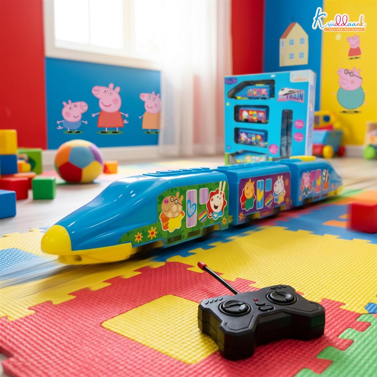 Kriiddaank Peppa Pig Theme RC Train Toy for Kids, Remote Control Express Train with Lights and Sounds, Rechargeable EMU Model Train for Boys & Girls Ages 3+, Light Blue