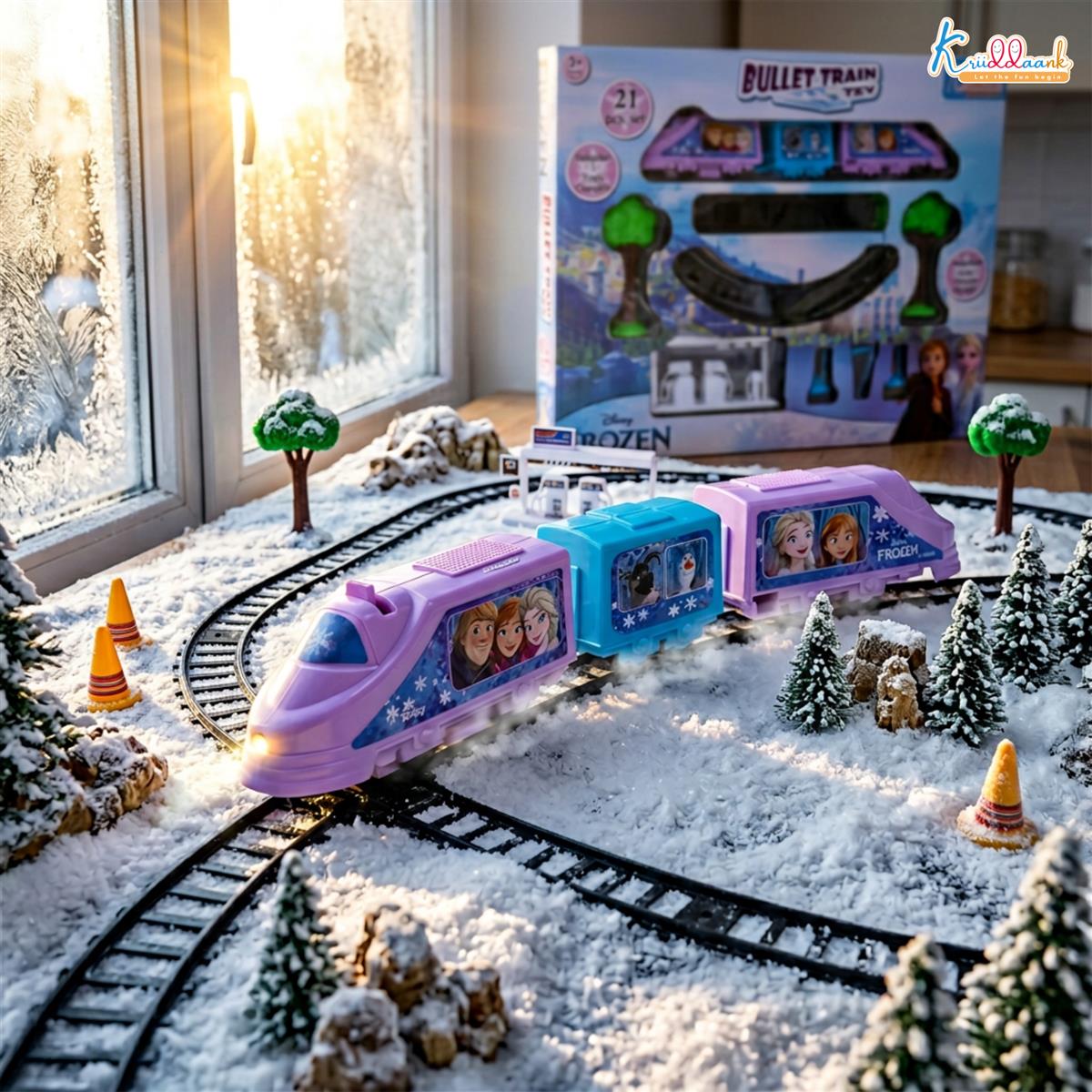 Kriiddaank Frozen Theme Train Set - Disney Elsa & Anna Battery Operated Toy Playset for Girls, 21 Pieces Easy-to-Assemble Tracks with Sound Effects, Educational Gift for Kids 3+ Years, Turkish Blue
