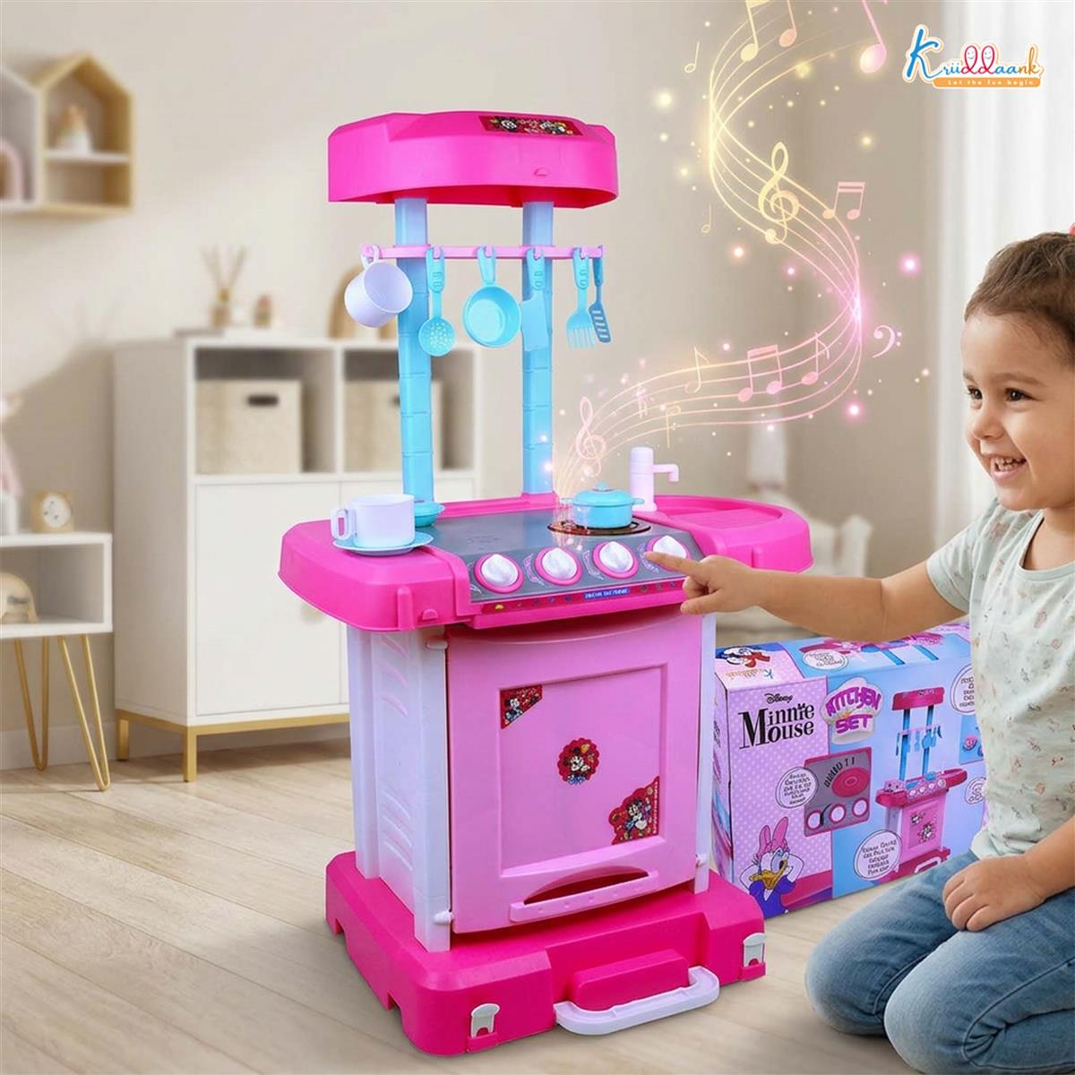 Kriiddaank Minnie Themed Kitchen Set for Kids - Disney Pretend Play Cooking Toy with Lights & Sound, Oven, Gas Stove, Sink & 18 Accessories, Pink Kitchen Playset for Girls 3+ Years