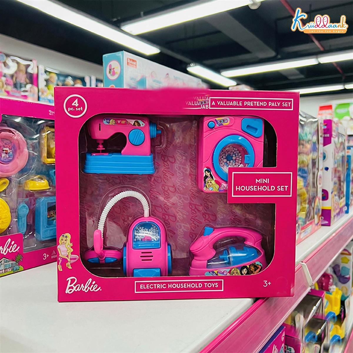 Mattel Barbie Theme Household 4pc Role Play Set - Includes Mini Washing Machine, Vacuum Cleaner, Iron & Hair Dryer - Battery Operated with Lights, Educational Toy for Kids Ages 3+ (Pink)