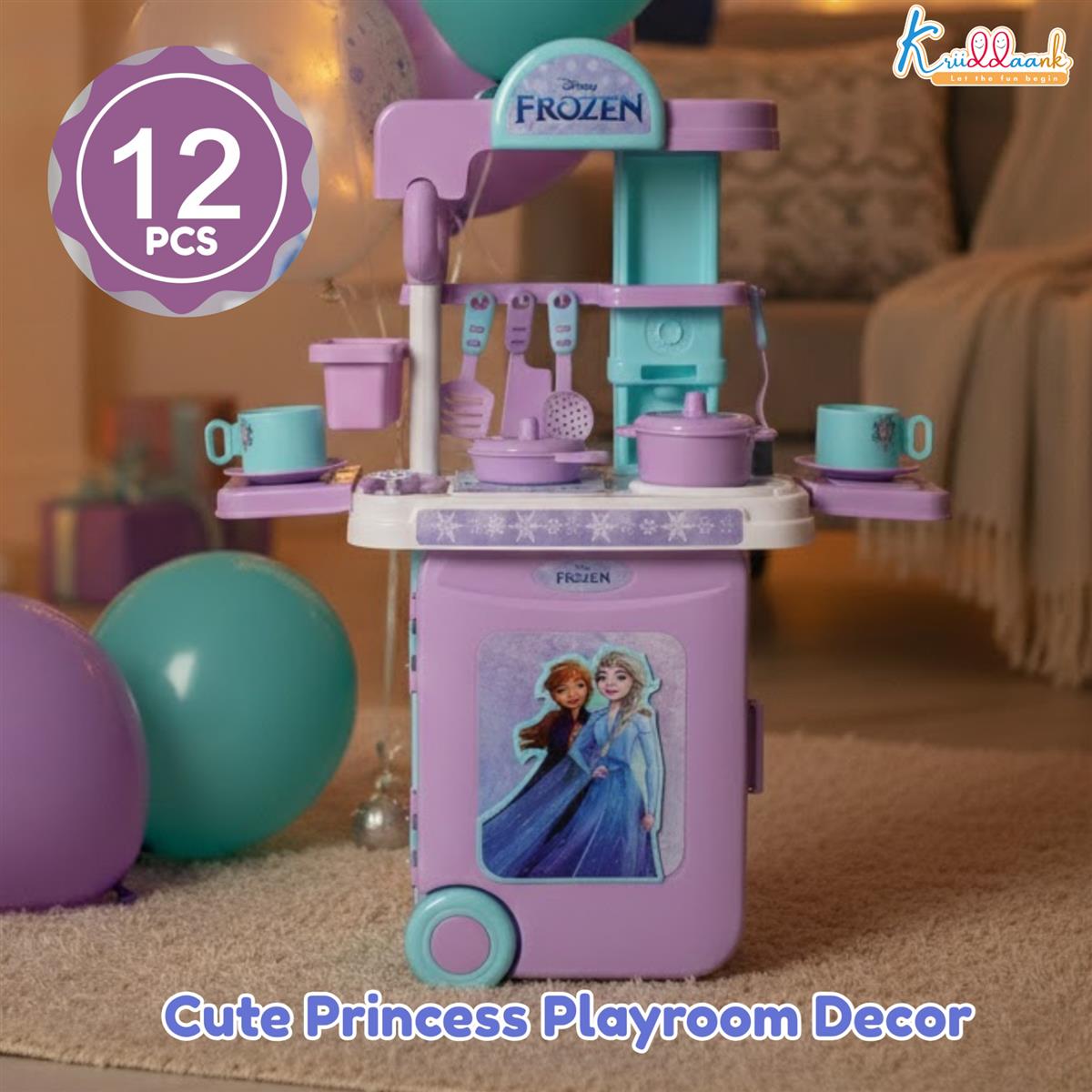 Kriiddaank Frozen Theme Kitchen Set for Girls - Elsa & Anna Inspired Portable 2-in-1 Playset with Trolley Bag, Lights, Music & 20 Accessories - Pretend Play Cooking & Baking Toy for Kids 3+ Years