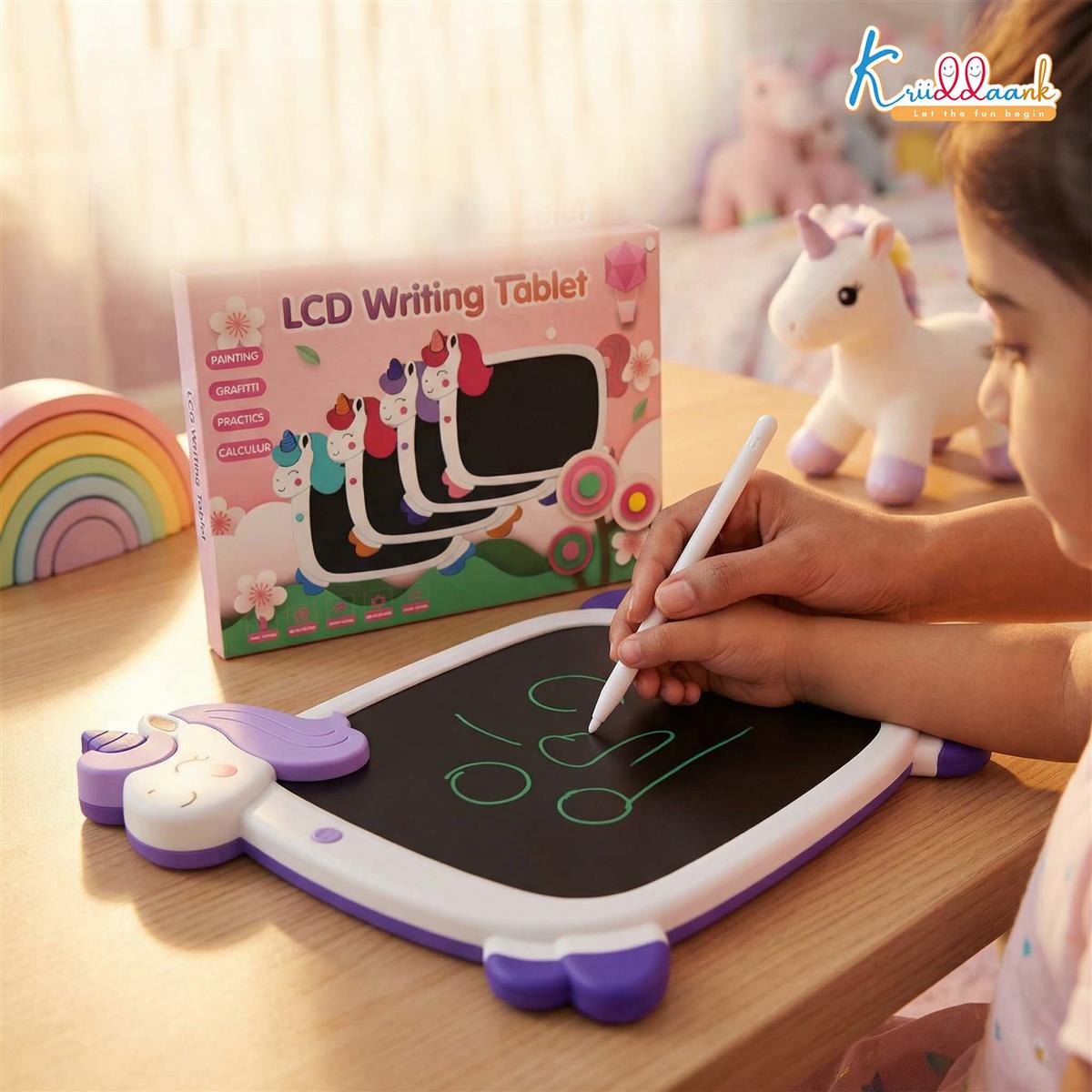 Kriiddaank 8.9" Unicorn LCD Writing Tablet for Kids, Electronic Magic Drawing Pad, Portable Doodle Board & Educational Toy, Birthday Gift for Boys & Girls Ages 3-12, White