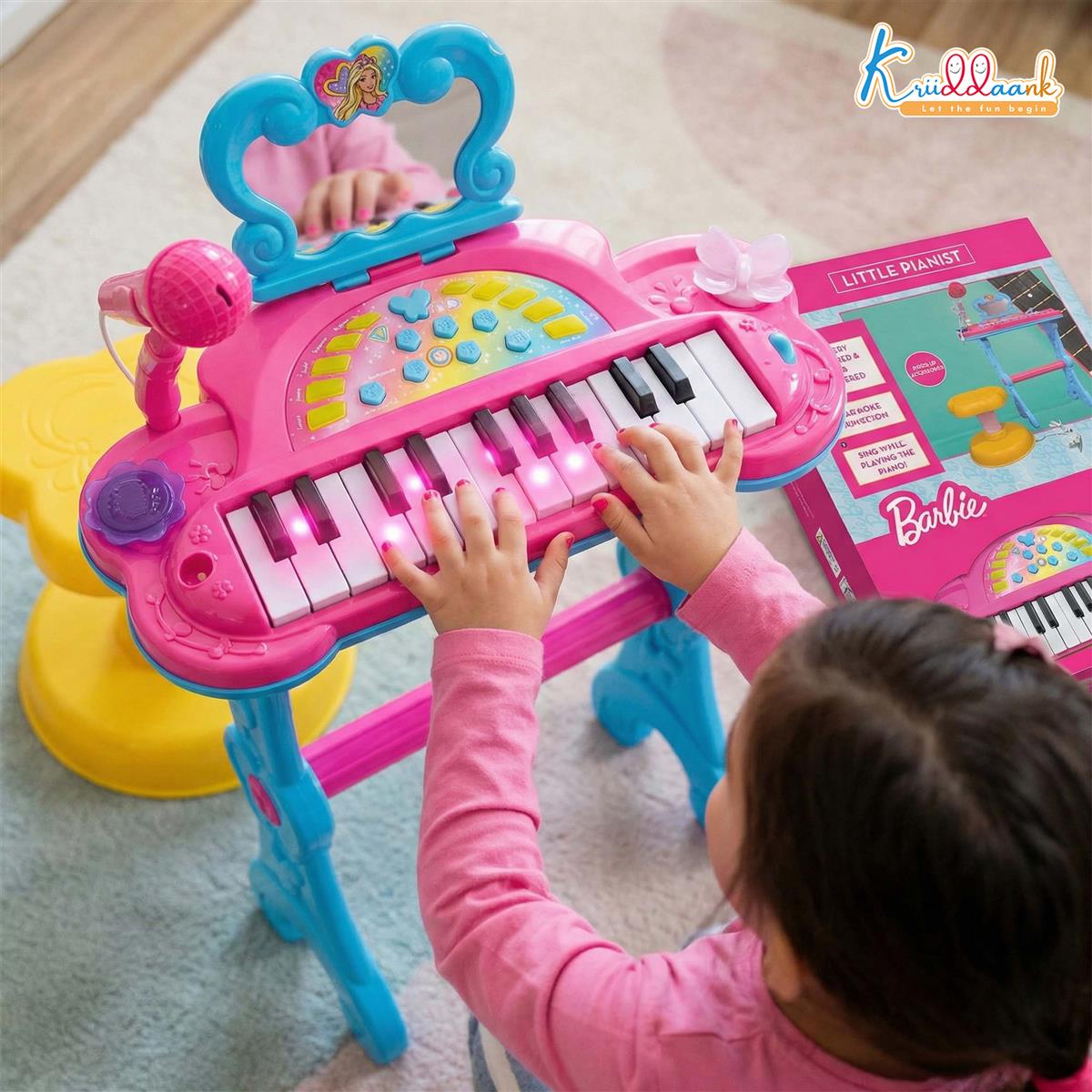 Mattel Barbie Theme Little Pianist Keyboard with Microphone & Stool - Dual Power (USB/Battery), Karaoke Mode, 25 Inbuilt Tunes - Pink Musical Toy for Girls 3+ Years