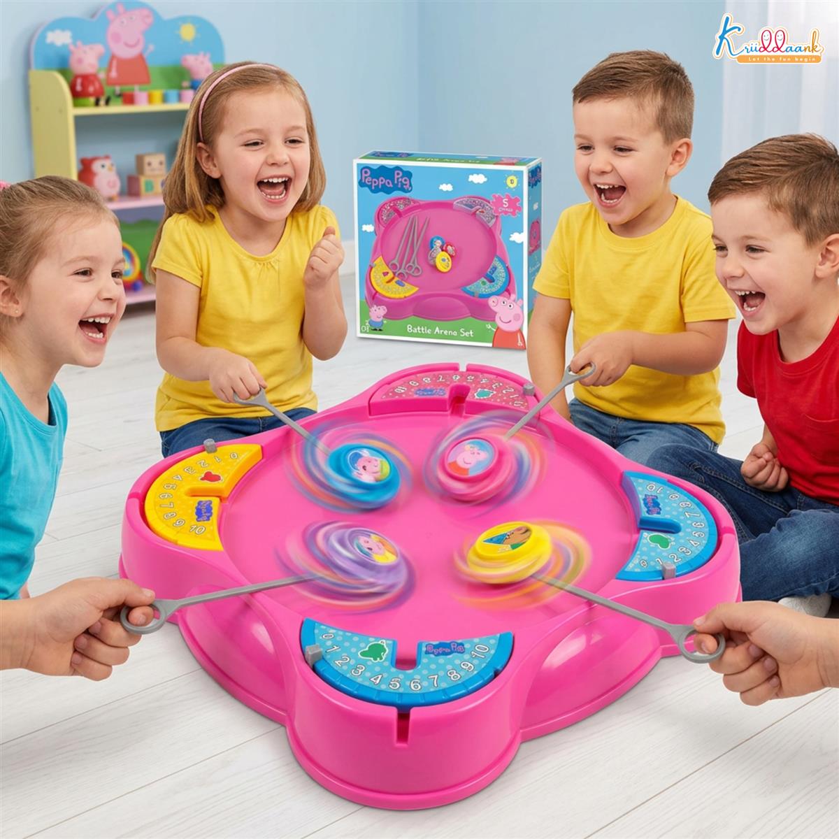 Kriiddaank Peppa Pig Theme Spinning Top Battel Game with Arena Base - Beyblade Style Battle Set for Kids 5+ Years - 4 Tops & Rip Cords - Multiplayer Educational Toy for Boys & Girls (Pink)