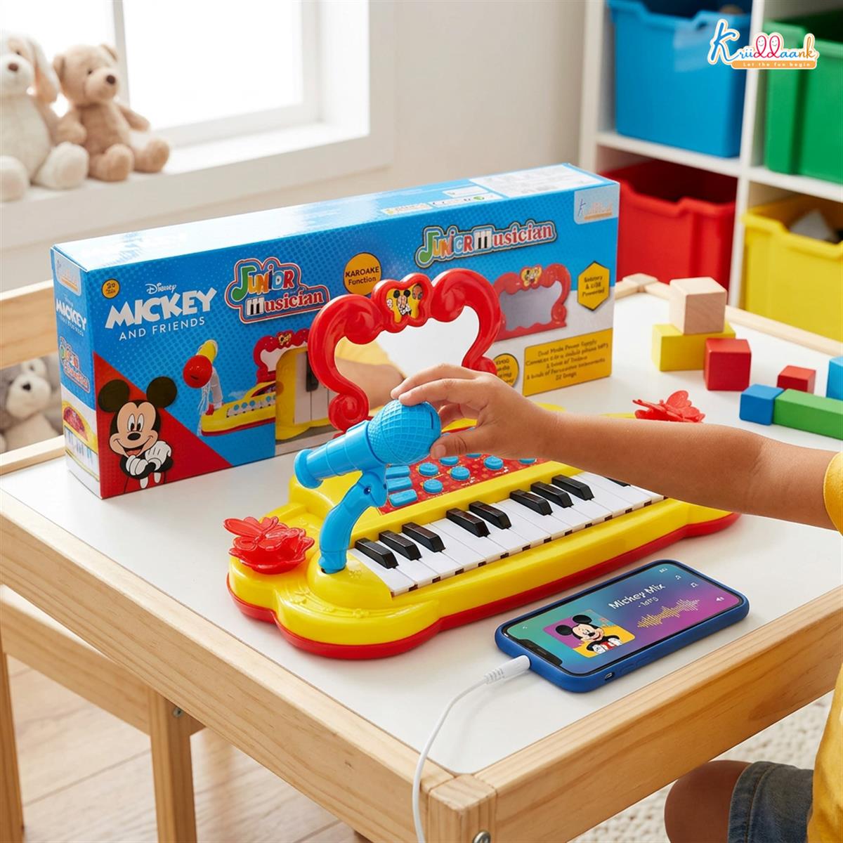 Mickey Mouse Theme Junior Musician Piano & Drum Set for Kids | Karaoke Microphone, 25 Songs & MP3 Connectivity | Early Learning Musical Toy for Toddlers 3+ | USB & Battery Powered (Red)