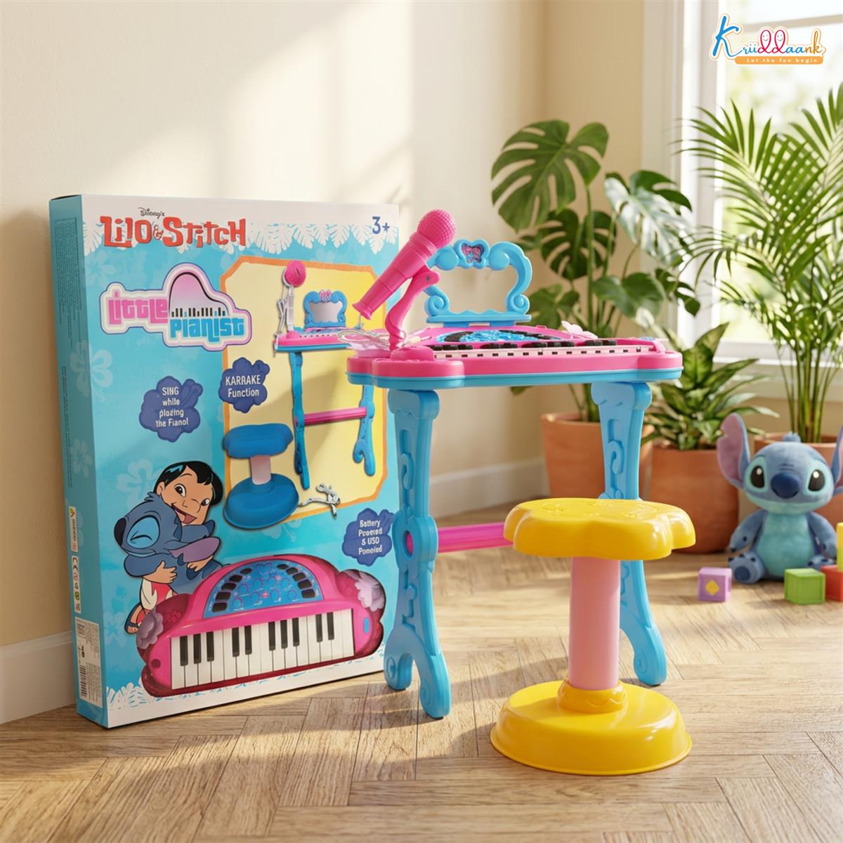 Disney Stitch Theme Little Pianist Keyboard Set for Kids - 25 Keys Piano with Microphone, Stool, & Dress-Up Accessories - Karaoke Function, USB/Battery Powered Musical Toy for Boys & Girls 3+