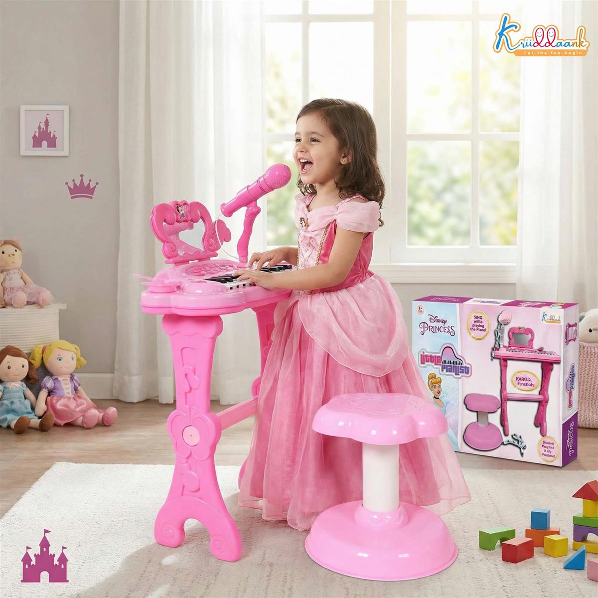 Disney Princess Little Pianist Keyboard Toy with Microphone & Stool - Karaoke Function, 25 Built-in Tunes, Dual Power Mode (USB/Battery) - Pink Musical Educational Gift for Girls Ages 3+