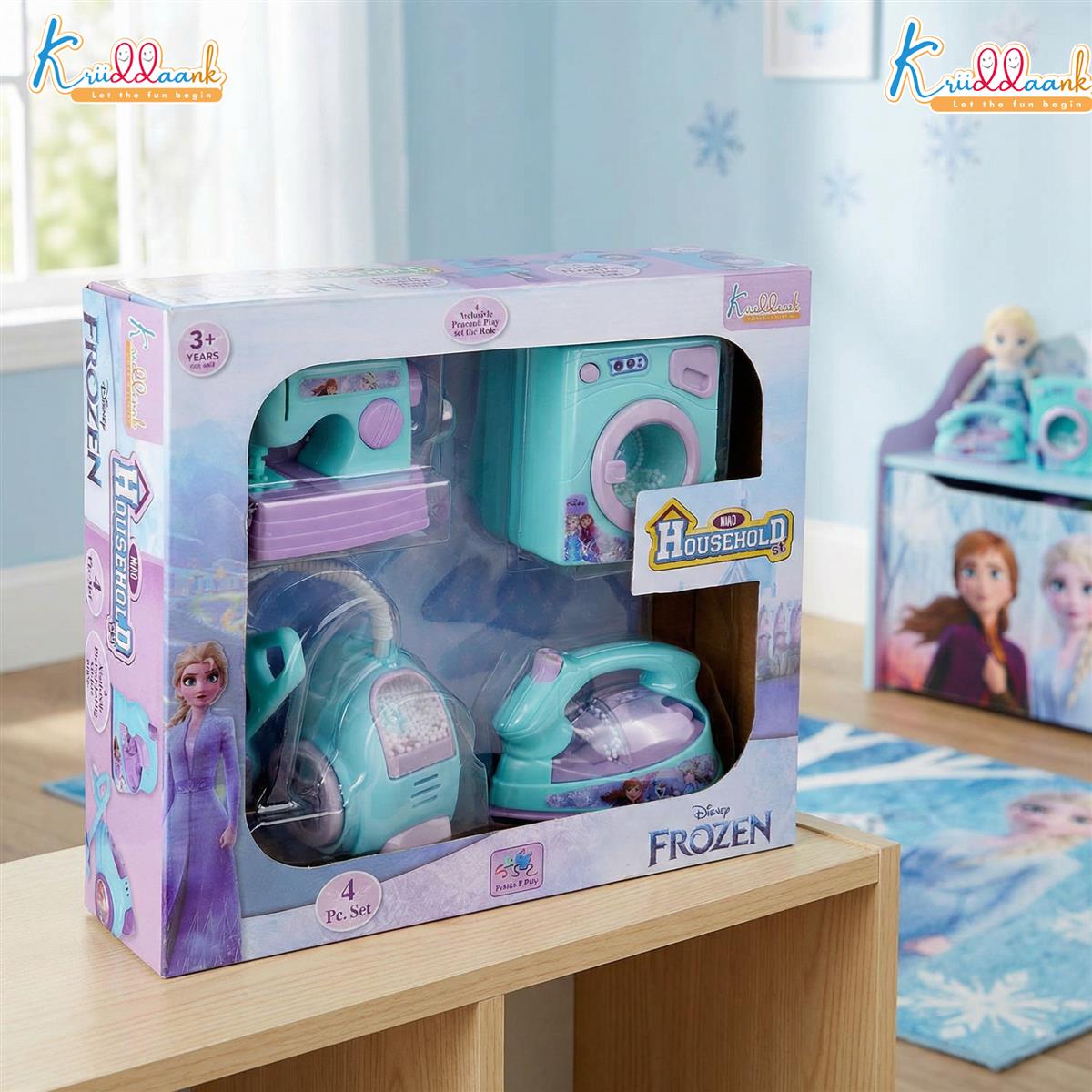 Frozen Theme Household 4pc Role Play Set - Includes Washing Machine, Vacuum Cleaner, Iron & Hair Dryer | Battery Operated Lights & Interactive Play | Non-Toxic Educational Toy for Kids 3+ Years