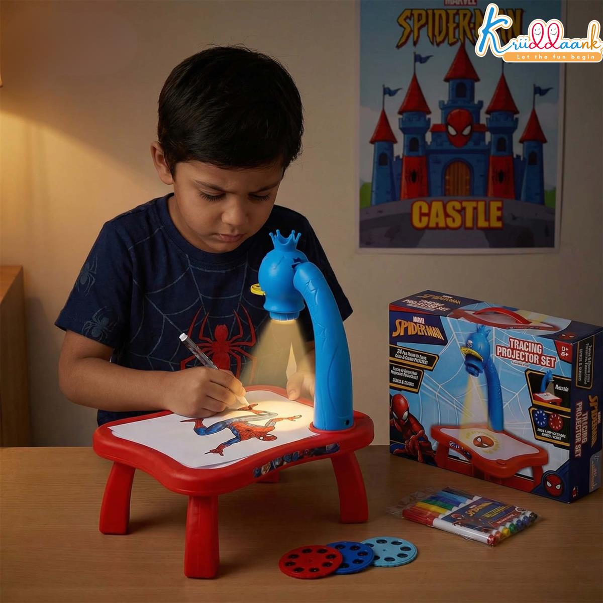 Kriiddaank Spiderman Tracing Projector Set for Kids - Art Drawing Toy with 24 Patterns, 3 Slides, Markers & Paper - Creative Educational Learning Sketching Kit for Children Ages 3+
