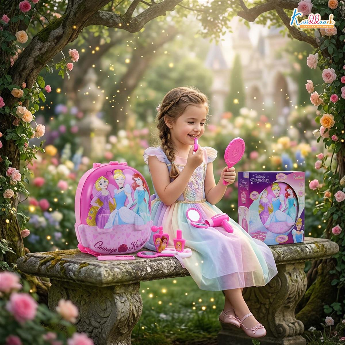 Disney Princess 2-in-1 Backpack Dressing Table & Trolley Gift Set for Kids - 13 Pcs Pretend Play Makeup Kit with Electronic Dryer - Portable Vanity Toy for Girls Age 3+
