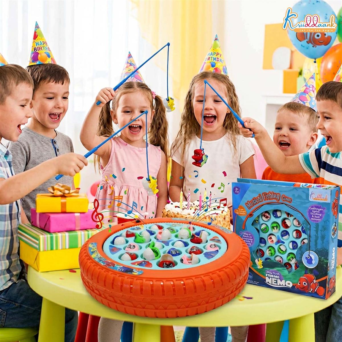Kriiddaank Nemo Theme Musical Fishing Game - Battery Operated Rotating Board with 21 Fishes & 4 Fishing Poles - Educational & Interactive Learning Toy for Kids Ages 3+ (Multicolor)