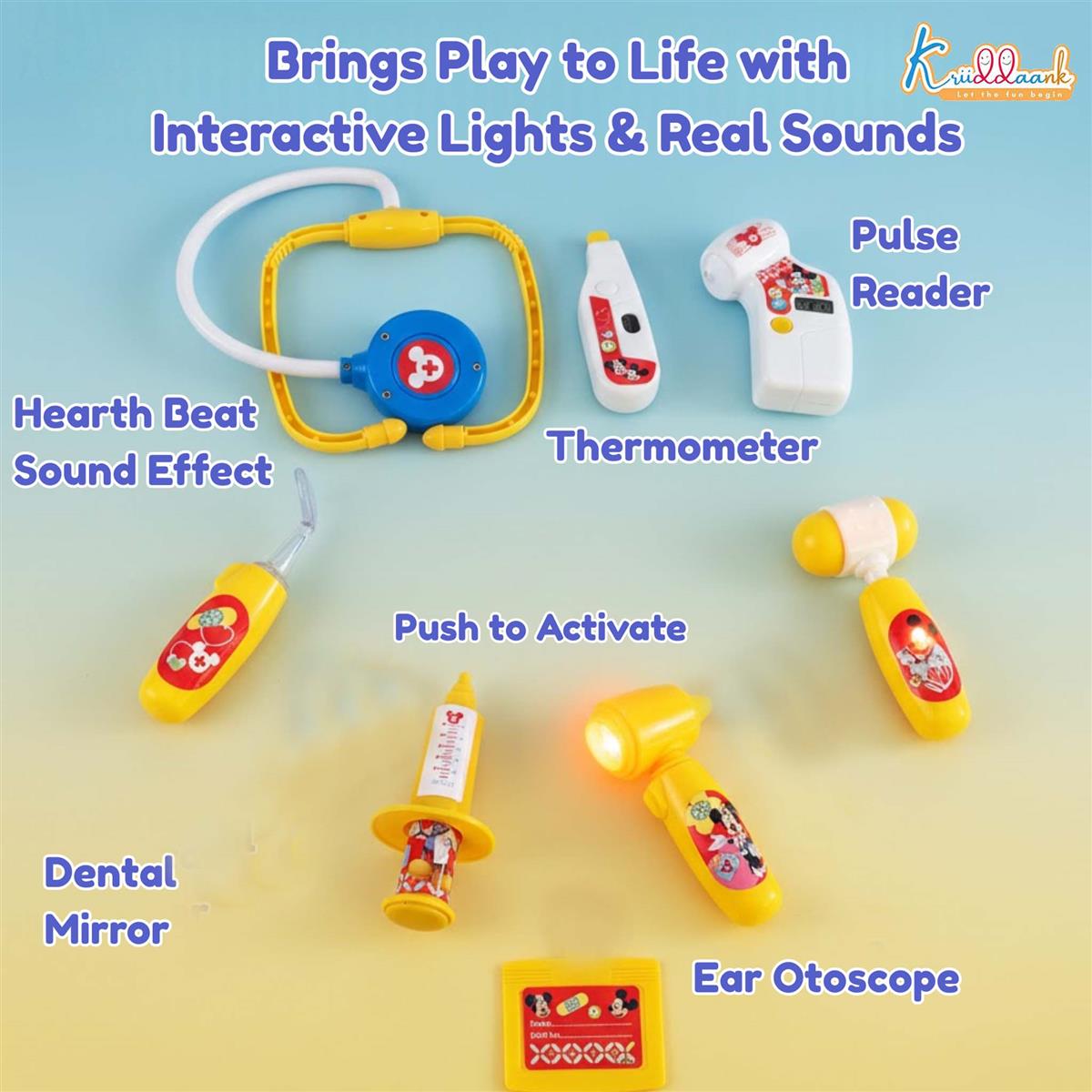 Disney Mickey Theme Backpack Doctor Gift Set for Kids - 8 Pcs Medical Kit with Interactive Light & Sound Stethoscope, Portable Educational Role Play Toy for Boys & Girls Ages 3+