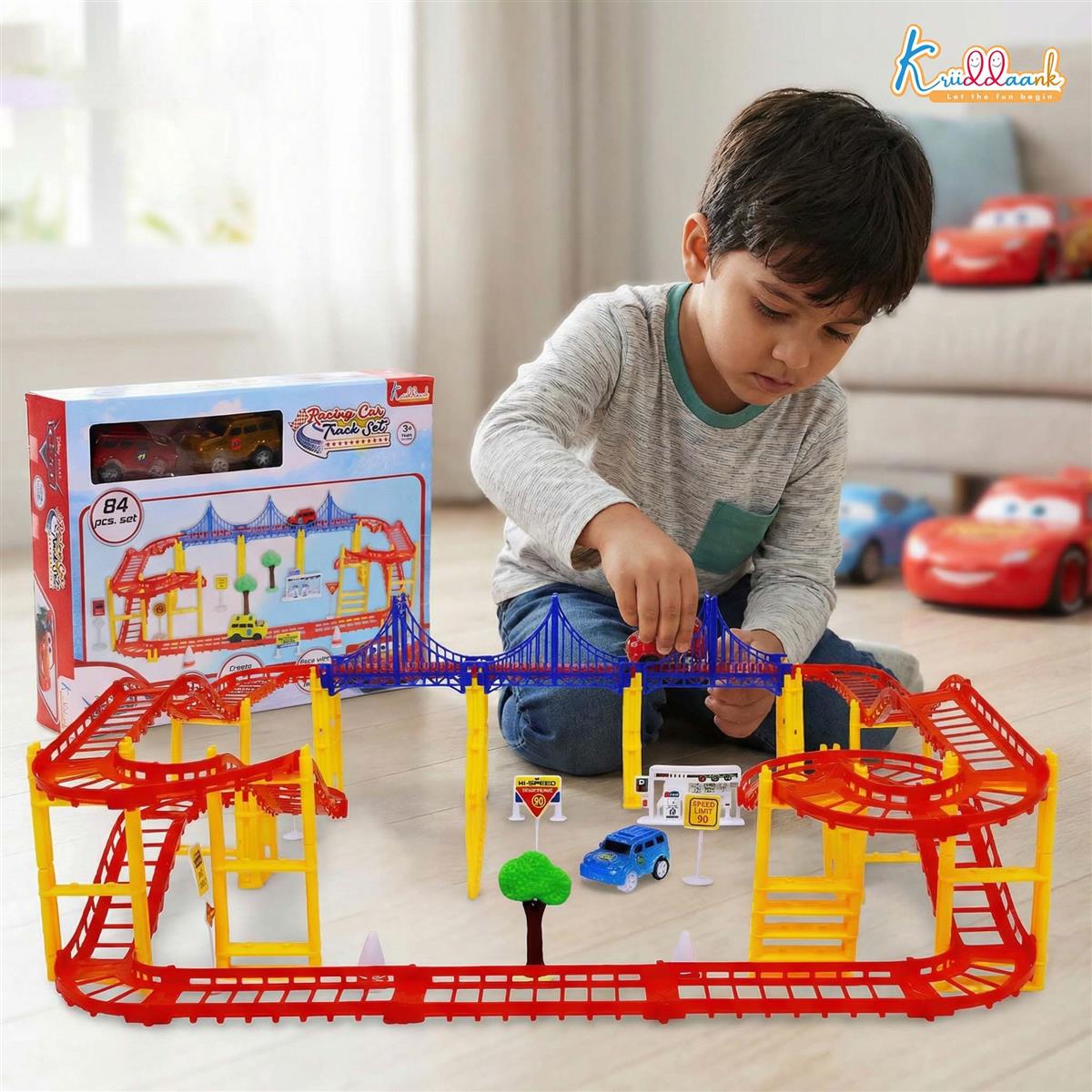 Car Track Medium (84 Pcs) Disney Cars Theme Race Track Set with 2 Diecast Cars, Bridges, Road Signs & Petrol Pump - Battery Operated DIY Racing Play Set for Kids 3+ Years
