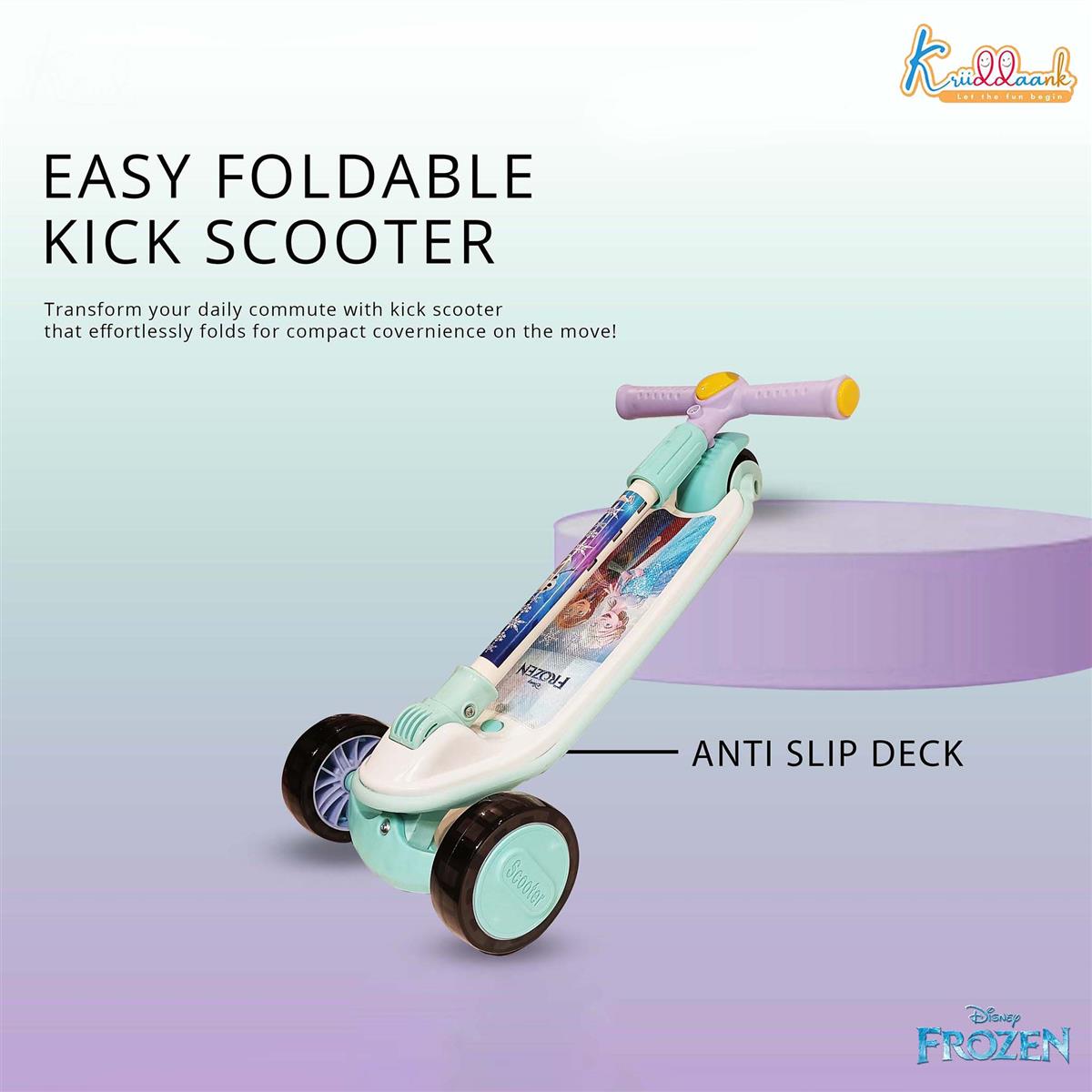 Kriiddaank Disney Frozen Adventure 3-Wheel Kick Scooter for Kids (3+ Years) - LED Light Up Wheels, Music, 3-Level Adjustable Height, Foldable Design, Anti-Slip Deck - 25kg Capacity, Turkish Blue