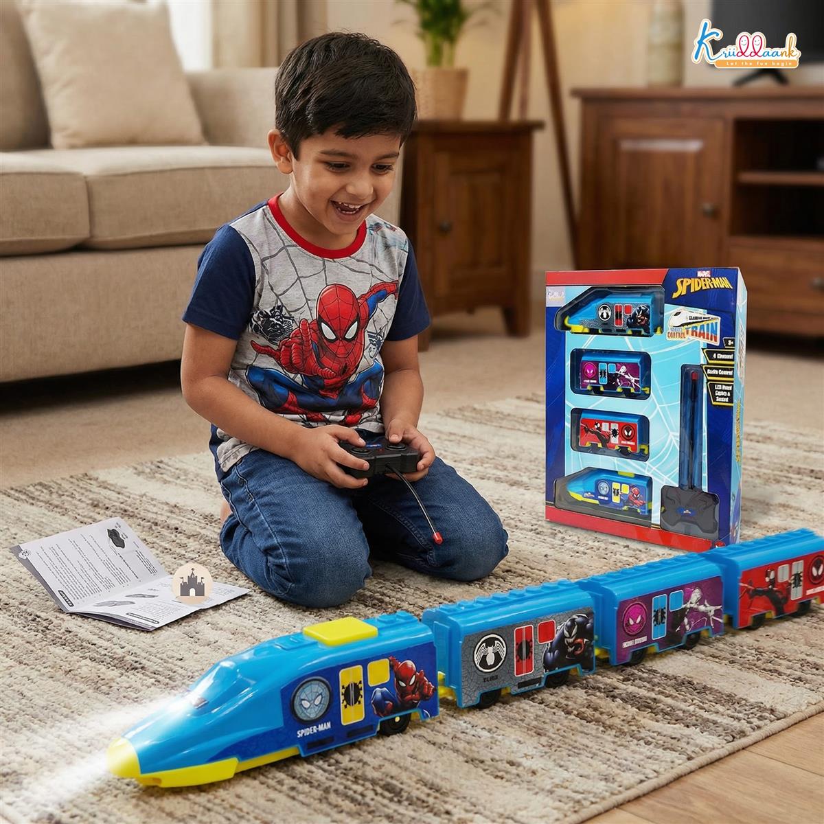 Kriiddaank Spiderman Theme RC Train Toy for Kids, Remote Control Rechargeable EMU Express Train with LED Lights & Realistic Sounds, Superhero Railway Toy for Boys & Girls (Blue)