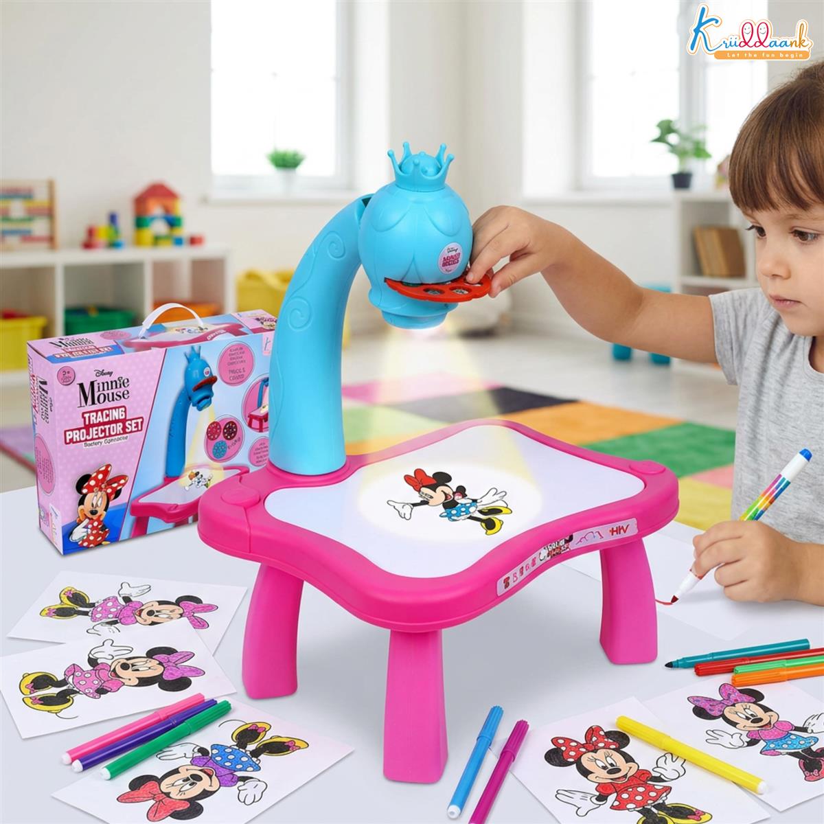 Kriiddaank Minnie Mouse Tracing Projector Set for Kids - Drawing Projector with 24 Patterns, 3 Stencil Slides, Markers & Paper - Creative Art & Craft Educational Toy for Girls Ages 3+ (Pink)