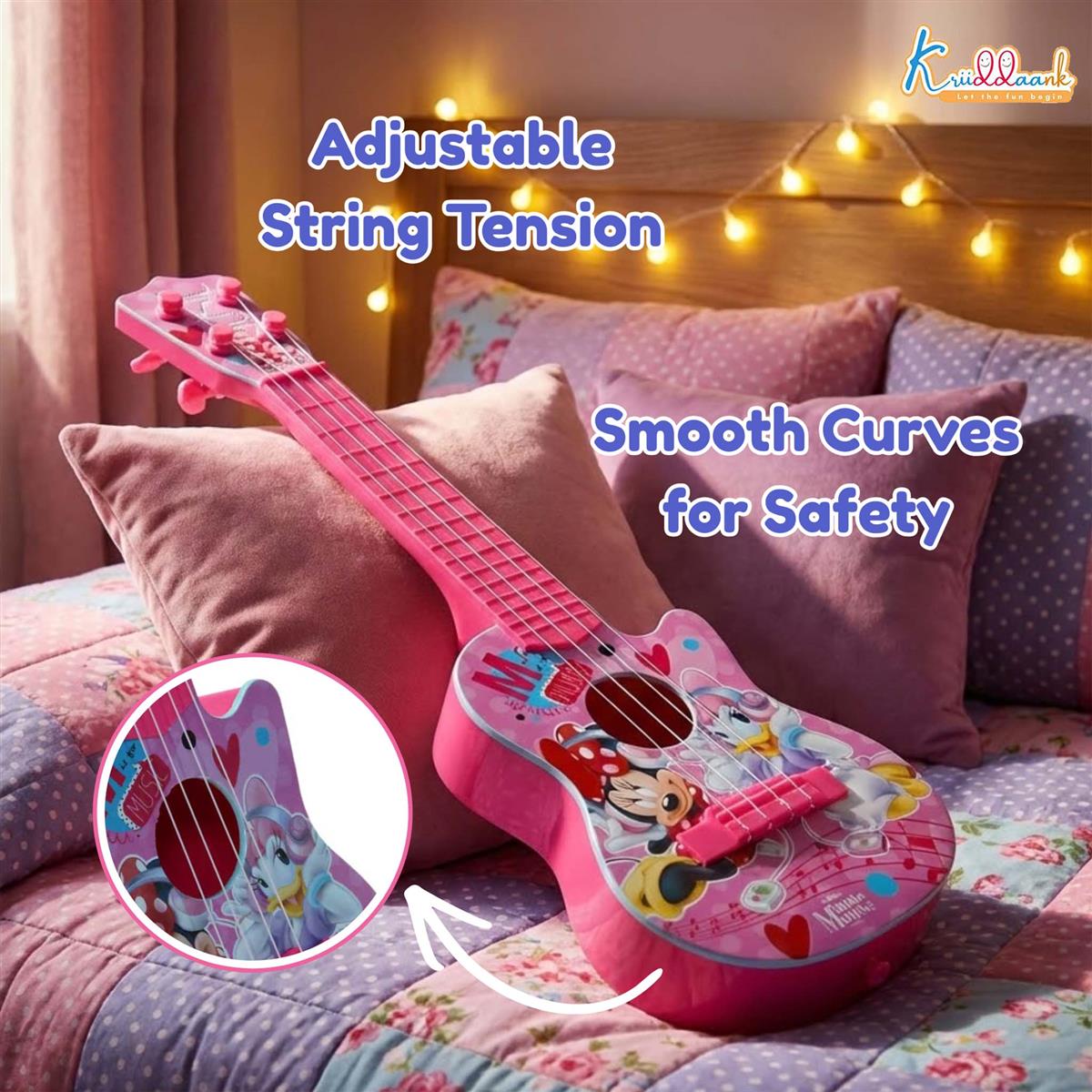 Minnie Mouse Theme 4-String Toy Guitar for Girls - Lightweight & Durable Educational Musical Instrument for Toddlers - Pink Disney Character Guitar for Kids Ages 3+, 43cm
