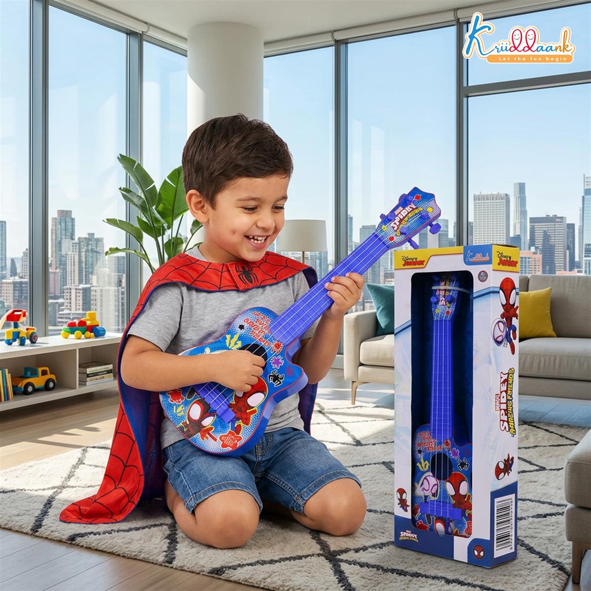 Spiderman 4-String Small Toy Guitar for Kids (3+ Years) - Adjustable String Tension, Fingerstyle Tab & Pick | Educational Musical Instrument for Boys | Portable & Safe Design, Blue