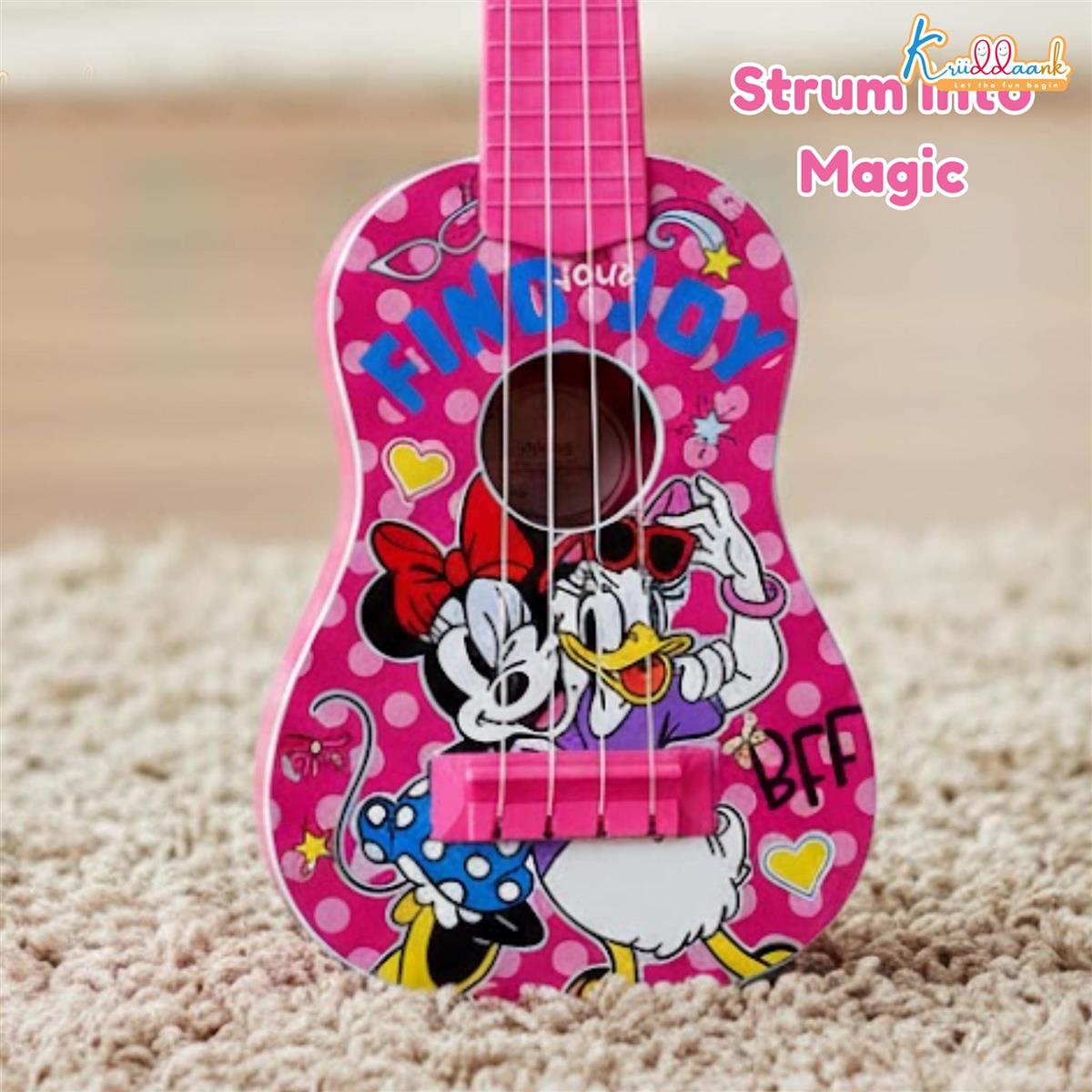 Minnie Guitar (Big) - 4-String Musical Toy for Kids with Adjustable Tension, Fingerstyle Tab & Pick - Portable Pink Guitar for Girls 3+ Years - Fun Educational Disney Themed Birthday Gift