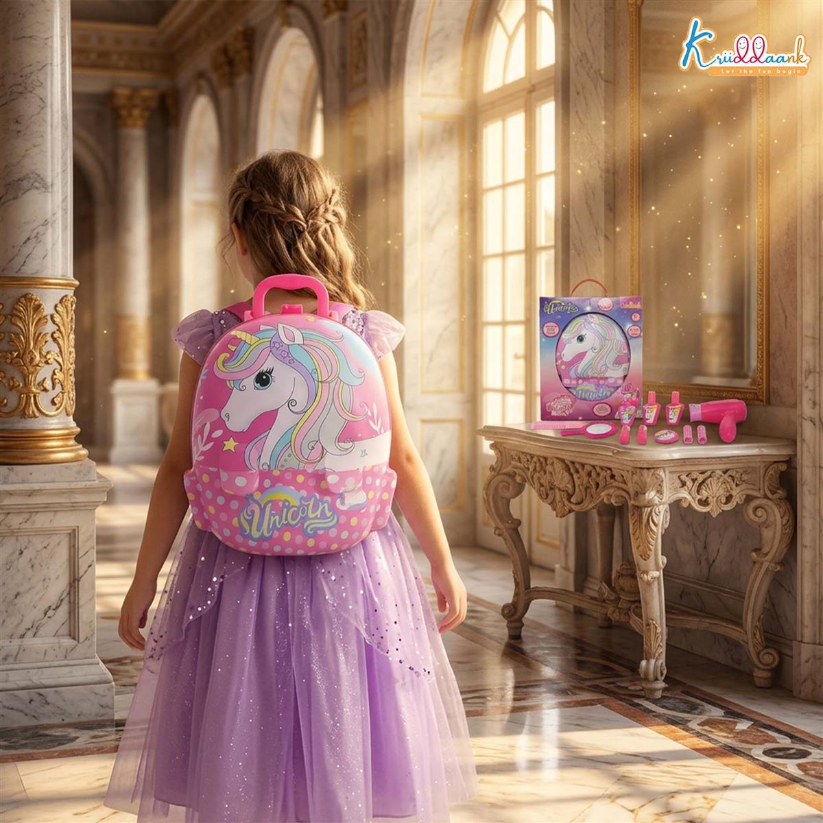 Unicorn Backpack Dressing & Makeup Gift Set for Kids - 2-in-1 Portable Trolley Pretend Play Vanity Kit with Electronic Hair Dryer & 13 Accessories - Ideal Birthday Gift for Girls 3+ Years