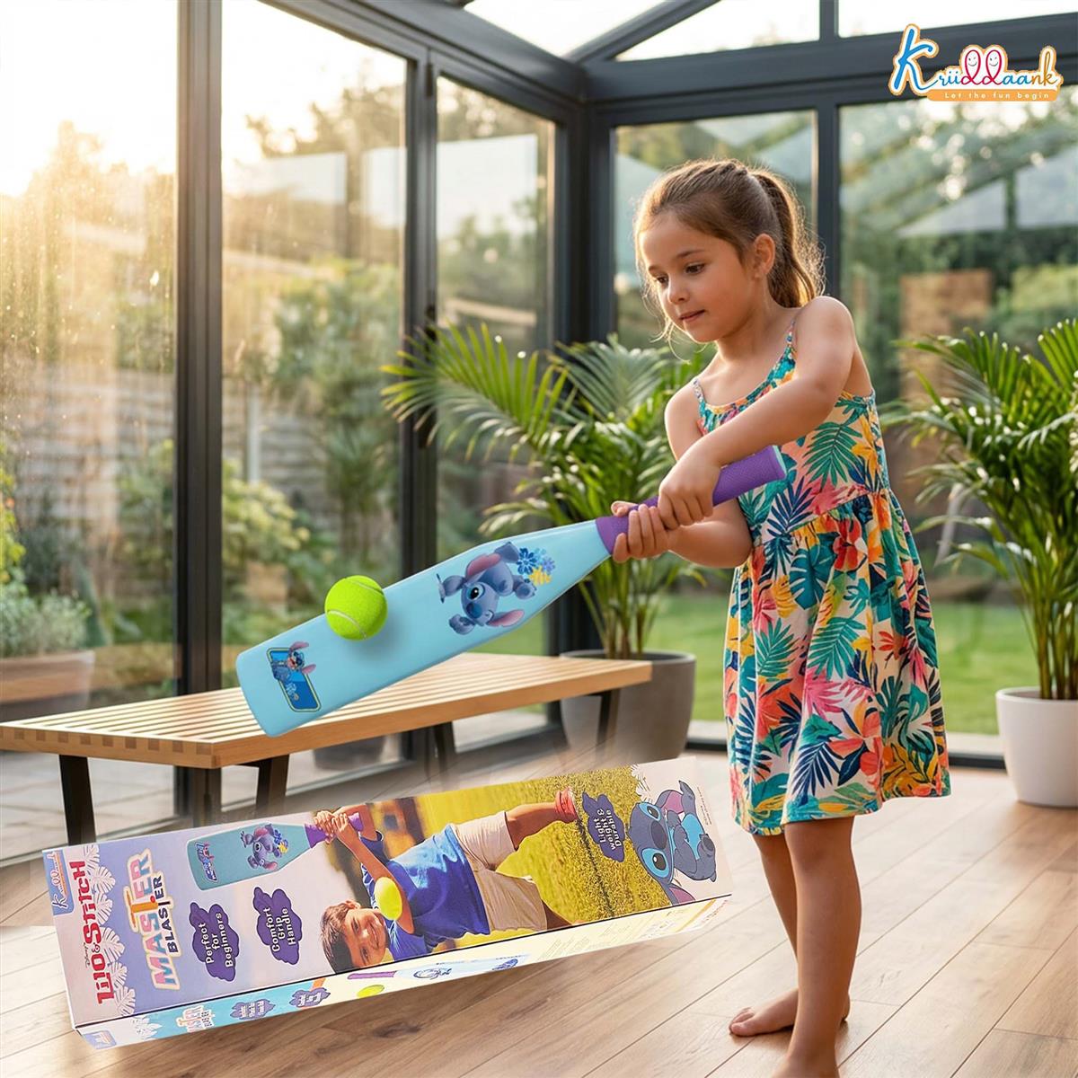 Kriiddaank Stitch Master Blaster Cricket Bat & Ball Set - Stitch Theme Lightweight Plastic Bat with Graphics for Kids, Boys & Girls Aged 3+ Years - Perfect for Indoor & Outdoor Play