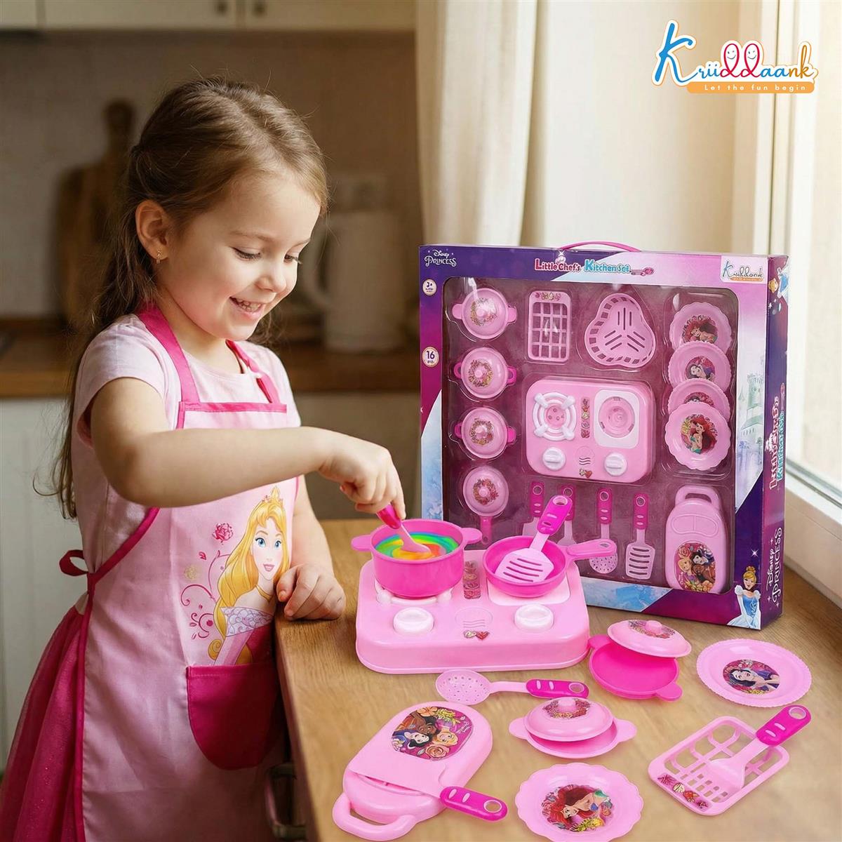 Kriiddaank Princess Little Chef Kitchen Set for Kids - 16 Pcs Pretend Play Cooking & Baking Playset with Light & Sound, Battery Operated Toy Stove, Portable Pink Kitchen for Girls & Toddlers Ages 3+