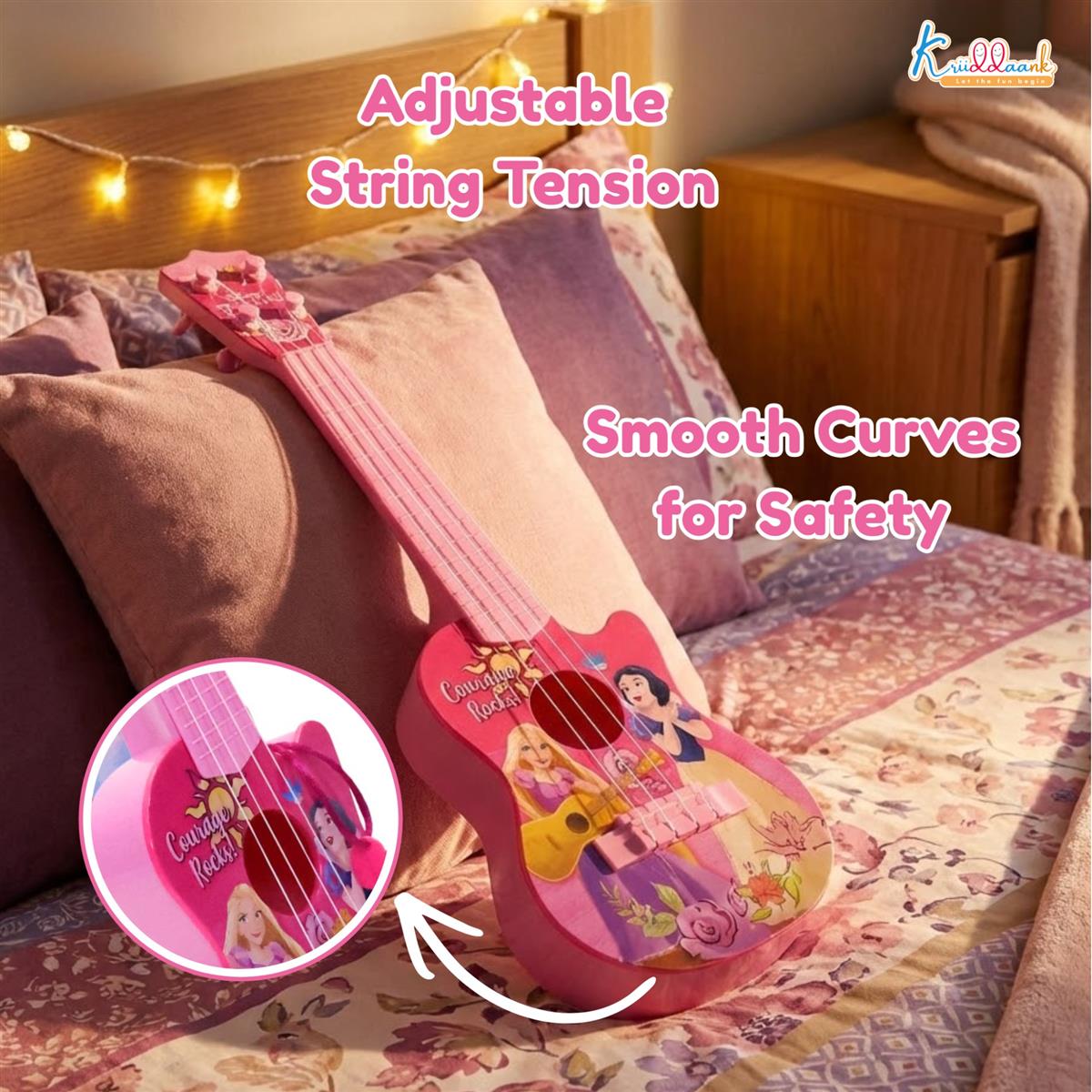 Disney Princess Theme 4-String Toy Guitar for Girls - Small Educational Musical Instrument for Kids Age 3+ - Lightweight & Safe Design - Ideal Birthday Gift for Aspiring Musicians