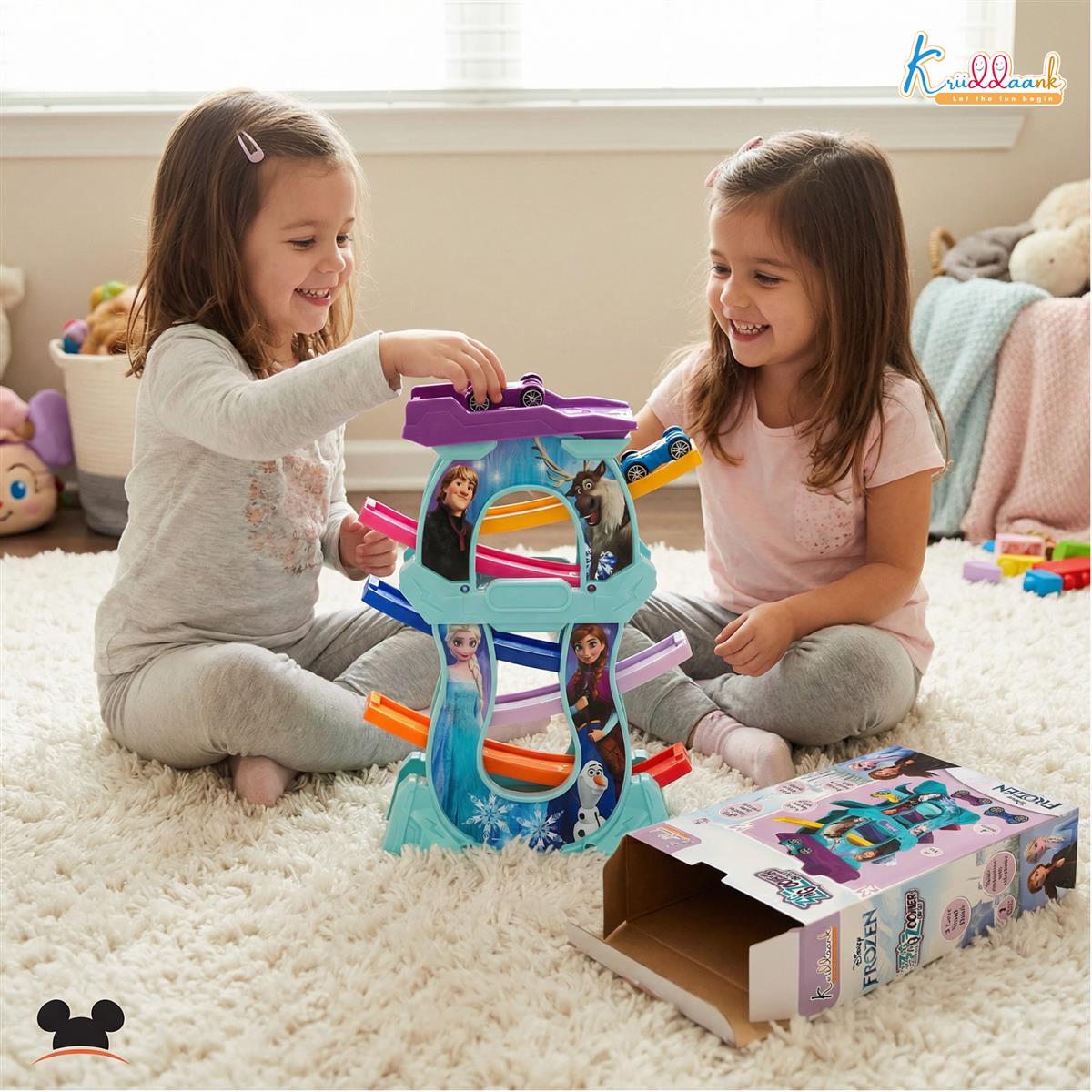 Frozen Zig Zag Zoomer Ramp Racer Car Track for Toddlers - 6-Level Lever Race Track with 4 Mini Vehicles - Educational Building Set for Kids 3+ - Non-Toxic & Safe (15 Pieces)