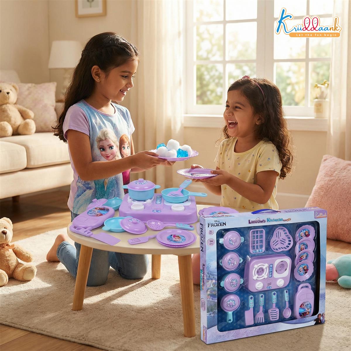 Kriiddaank Frozen Little Chef Kitchen Set for Kids - 16 Pcs Pretend Play Cooking & Baking Toy with Lights & Music, Portable Kitchen Playset for Toddlers & Girls Age 3+ Years (Multicolor)