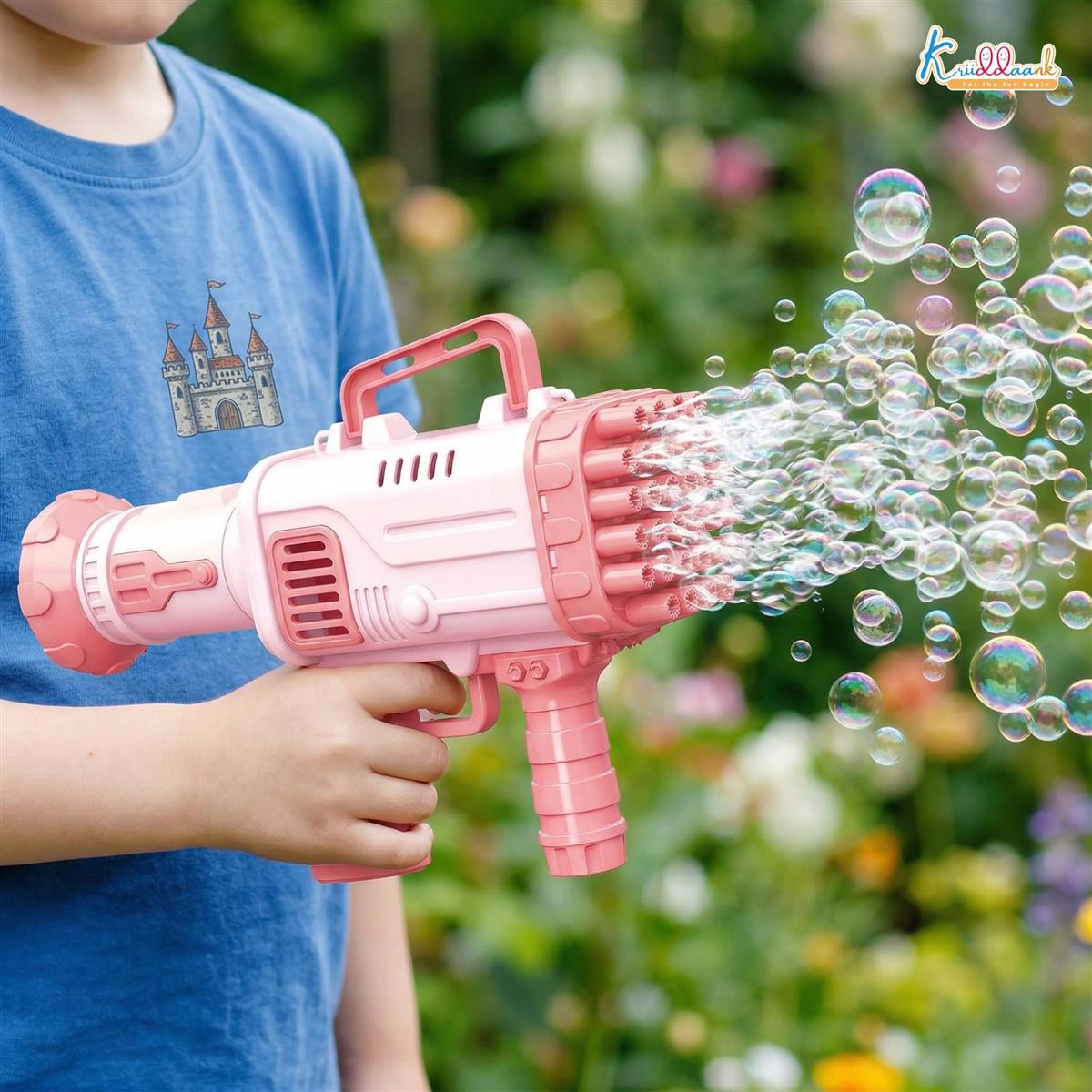 Kriiddank Automatic 36-Hole Bubble Gun Blaster for Kids | Musical Battery Operated Bubble Blower Machine with Solution & Tray | Fun Outdoor Summer Toy & Birthday Gift for Boys & Girls 3+ Years