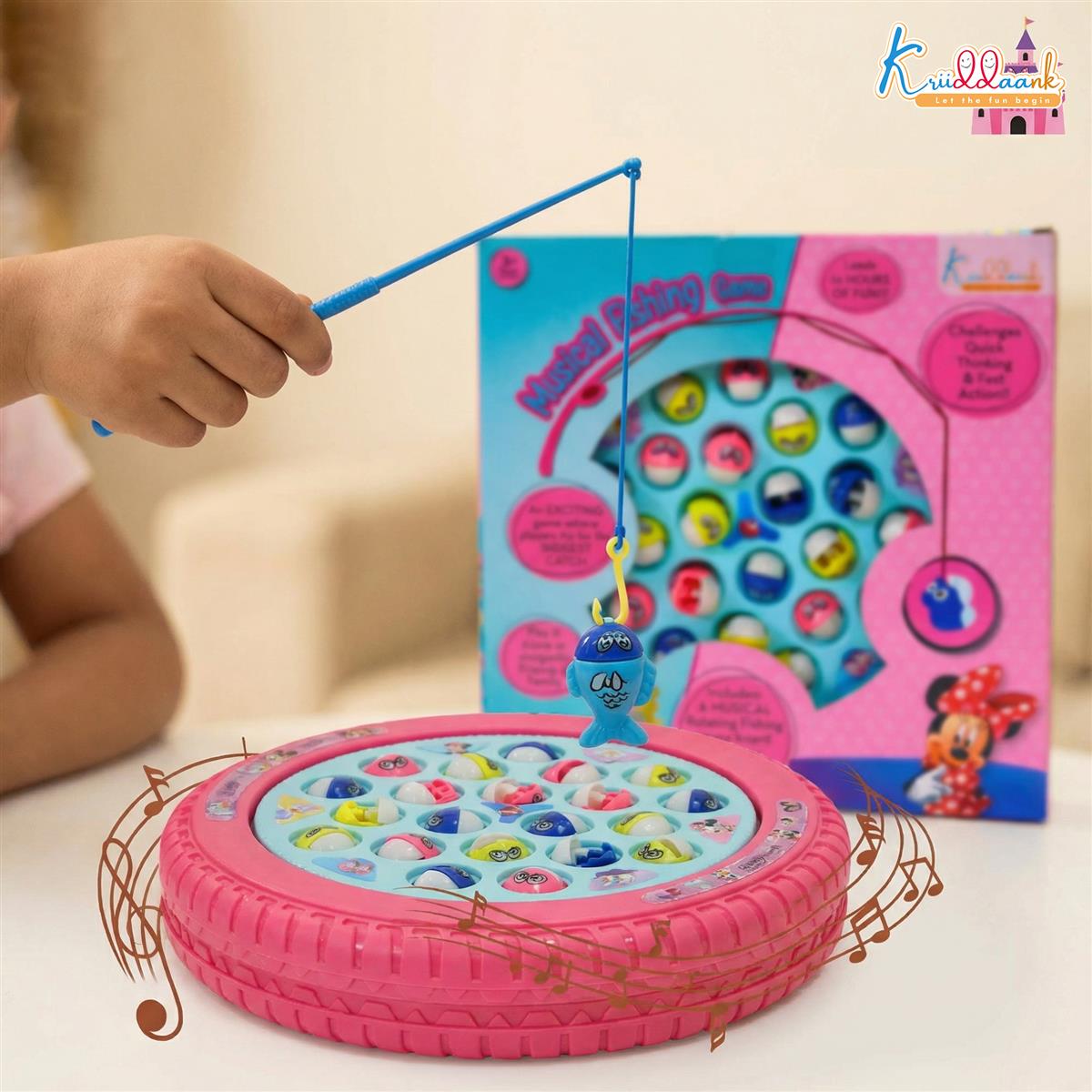 Kriiddaank Minnie Mouse Musical Fishing Game - Rotating Battery Operated Pond with 21 Fish & 4 Fishing Poles - Pink Educational & Interactive Toy for Kids and Toddlers Ages 3+