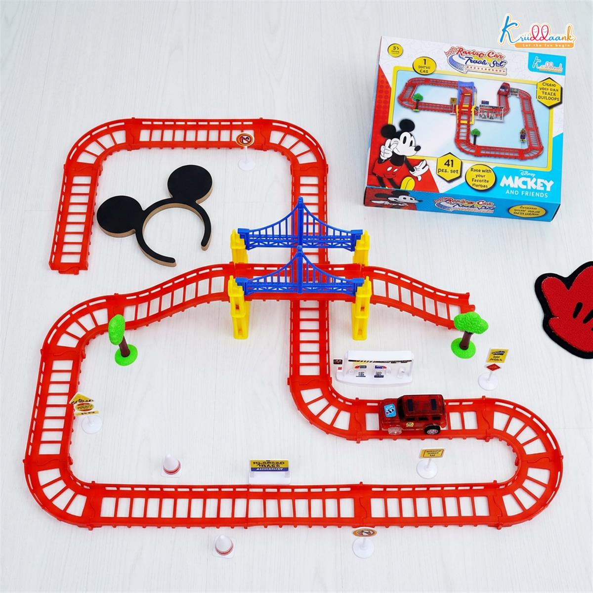 Disney Mickey Mini Track Small (41 Pcs) Racing Set - Battery Operated Car Track with Bridges, Roads & Signs - Educational Play Toy for Kids 3+ Years - Red/Multicolor Playset