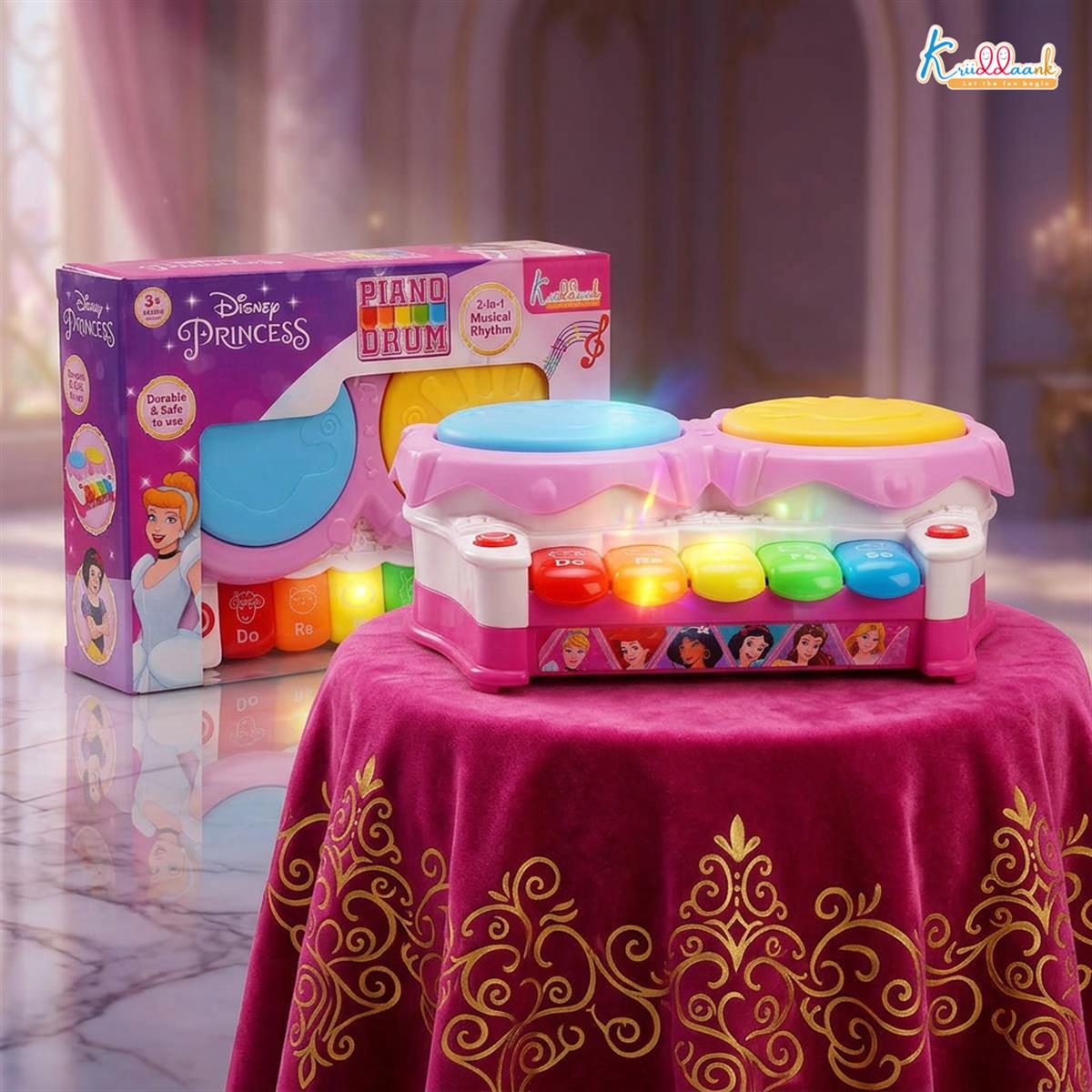 Disney Princess Piano Drum Playset - Interactive Electronic Musical Toy with 3D Lights & Sound for Kids 3+ Years Old - Fun Educational Rhythm Instrument, Perfect Birthday Gift for Toddlers & Girls