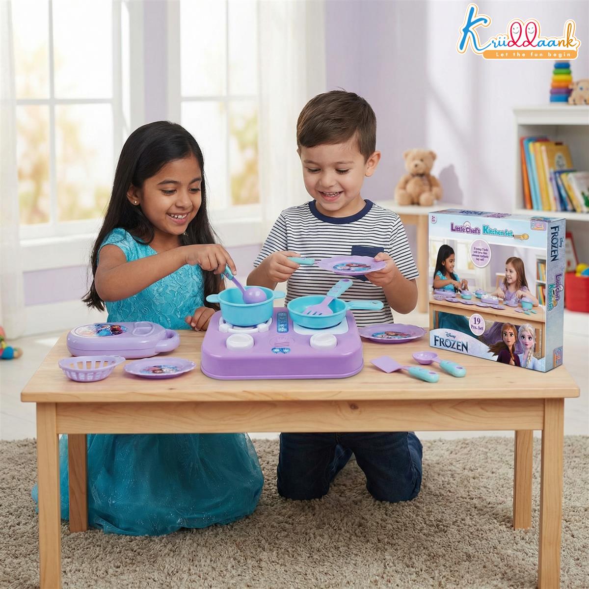 Kriiddaank Frozen Little Chef Kitchen Set for Kids - 19 Pcs Princess Theme Pretend Play Cooking Toy Set - Non-Electronic Safe Educational Kitchen Toys for Girls & Boys Ages 3+ Years