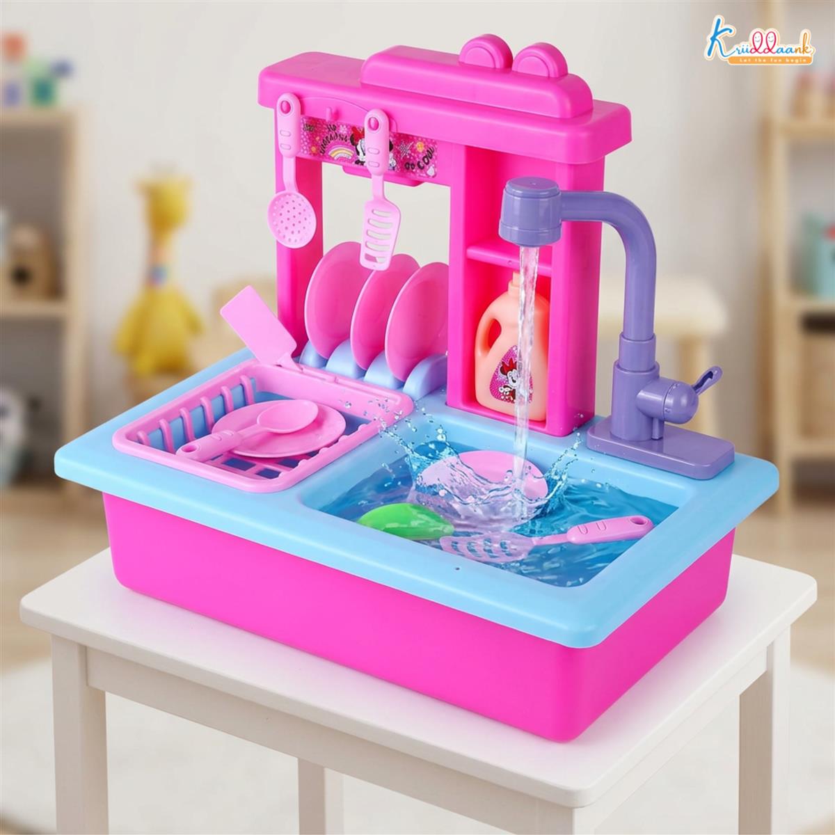 Kriiddaank Minnie Toy Kitchen Sink for Kids - Pretend Play Sink with Electric Faucet & Running Water, 22-Piece Kitchen Accessories Set, Pink Role Play Toy Set for Toddlers and Girls 3+ Years