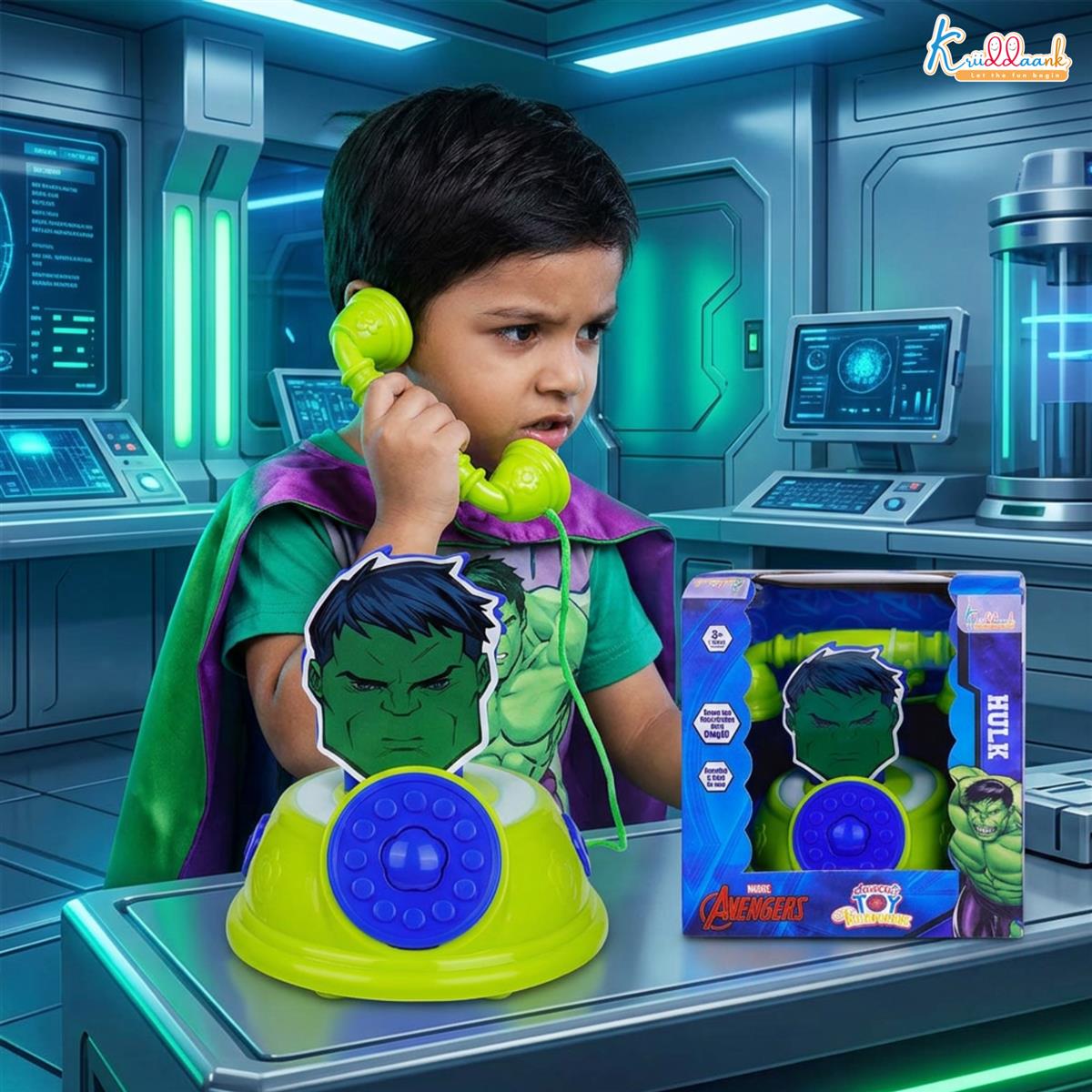 Marvel Hulk Theme Toy Telephone for Kids - Superhero Play Phone with Sound Effects & Music | Interactive Educational Learning Toy for Toddlers 3+ Years Old | Safe & Durable Marvel Avengers Gift