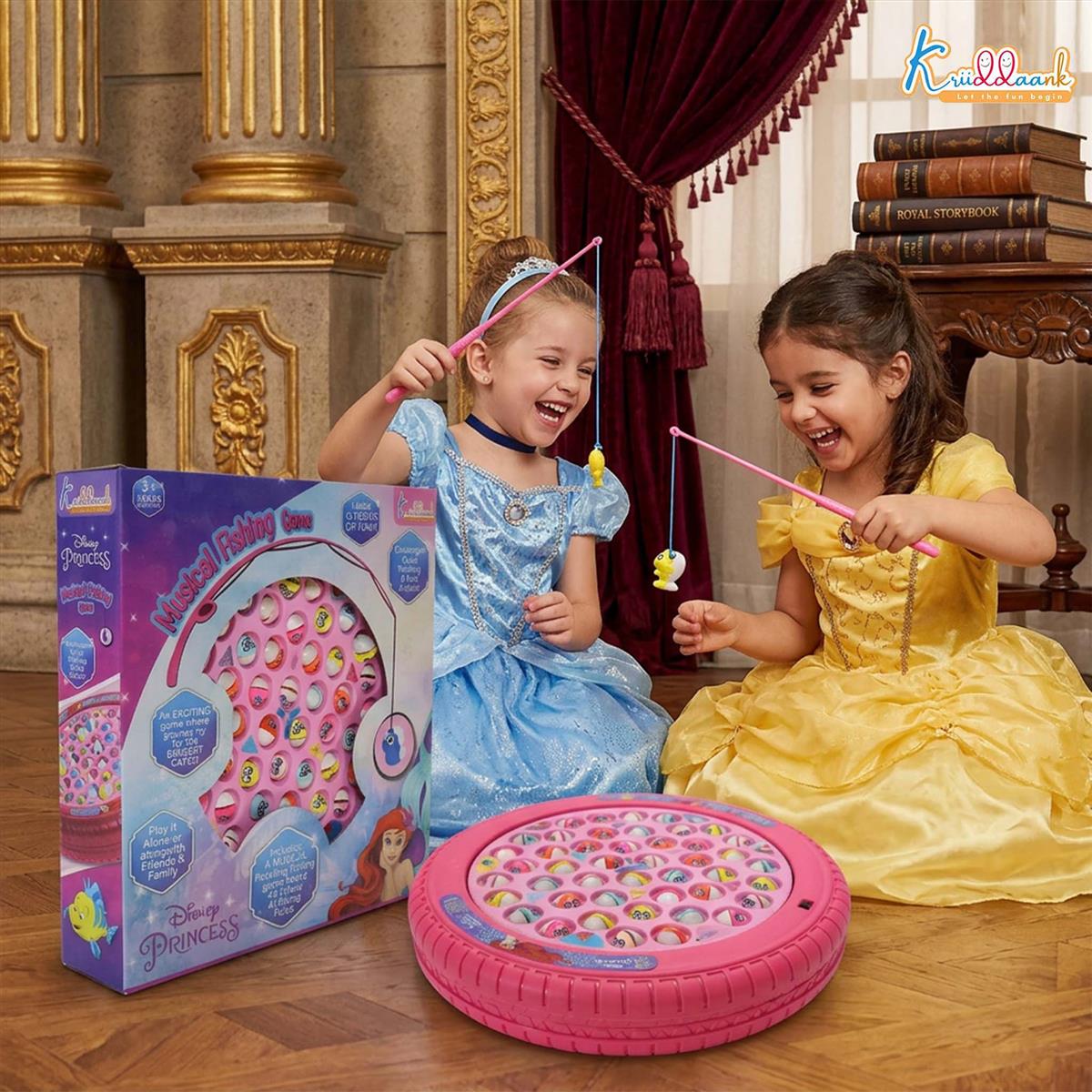 Princess Musical Fishing Game for Kids - Electronic Rotating Board with 45 Fishes & 4 Poles, Pink Ocean Theme Educational Toy, Battery Operated Interactive Fun for Girls & Boys Age 3+