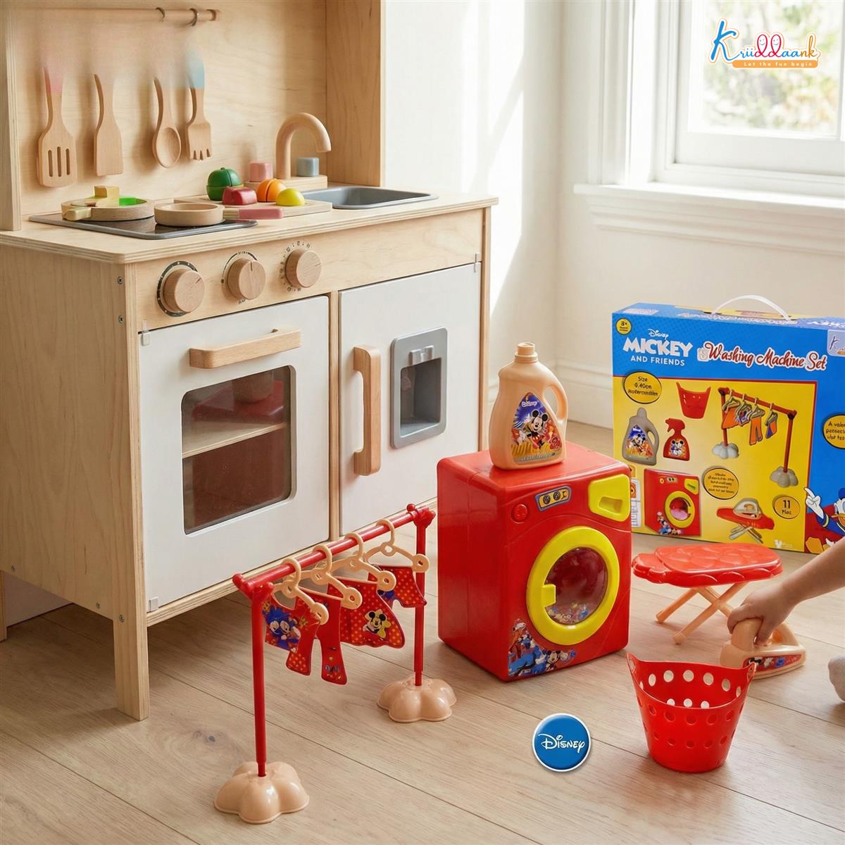 Kriiddaank Disney Mickey Washing Machine Set - 15 Pcs Kids Pretend Play Home Appliances with Music & Accessories - Educational Housekeeping Laundry Toy for Boys & Girls 3+ Years