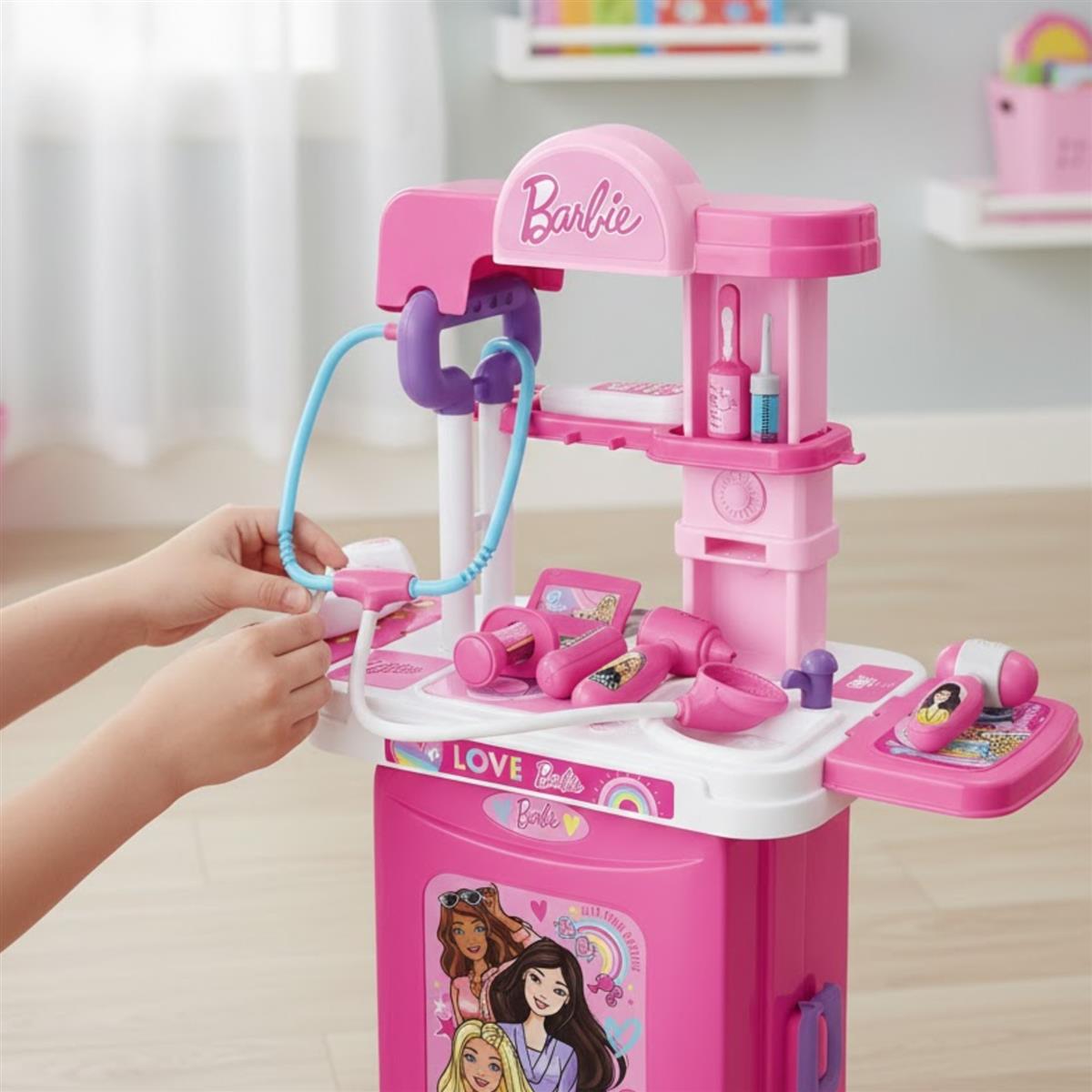 Kriiddaank Barbie Theme Doctor Set - Portable Medical Trolley Playset with Lights, 9-Piece Educational First Aid Kit for Kids 3+, Dreamhouse Role Play Toy, Best Birthday Gift for Girls - Pink