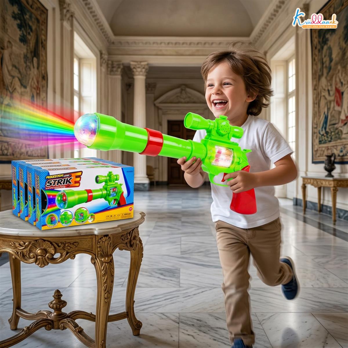 Kriiddaank Strike Gun Toy - Kids Safe Soft Bullet Blaster with Foam Bullets, Sound & Projection Lights - Battery Operated Shooting Playset for Boys & Girls, Multicolor - Ages 3+