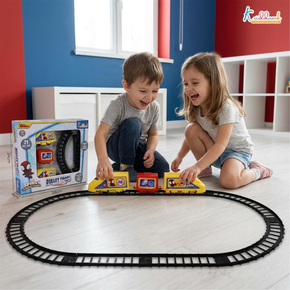 Kriiddaank Marvel Spiderman Train Set for Boys - 11 Piece Superhero Battery Operated Toy Train with Easy-to-Assemble Tracks & Sound Effects, Red & Blue Action Toy Gift for Kids (Ages 3+)