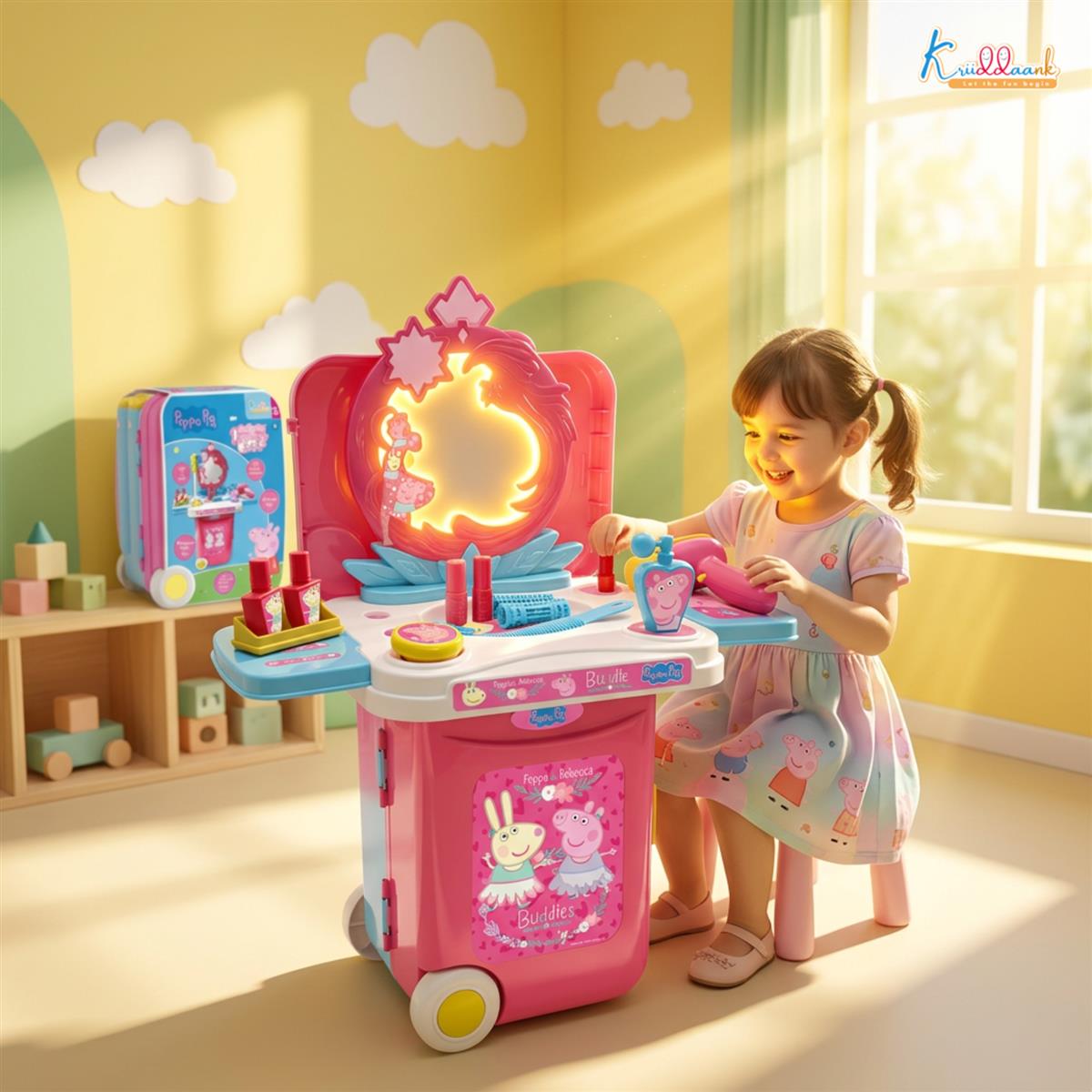Kriiddaank Peppa Pig Dressing Set & Makeup Trolley Kit for Girls, 15 Pcs Pretend Play Beauty Set with Music & Lights, Educational Role Play Toy for Kids 3+ Years (Pink)
