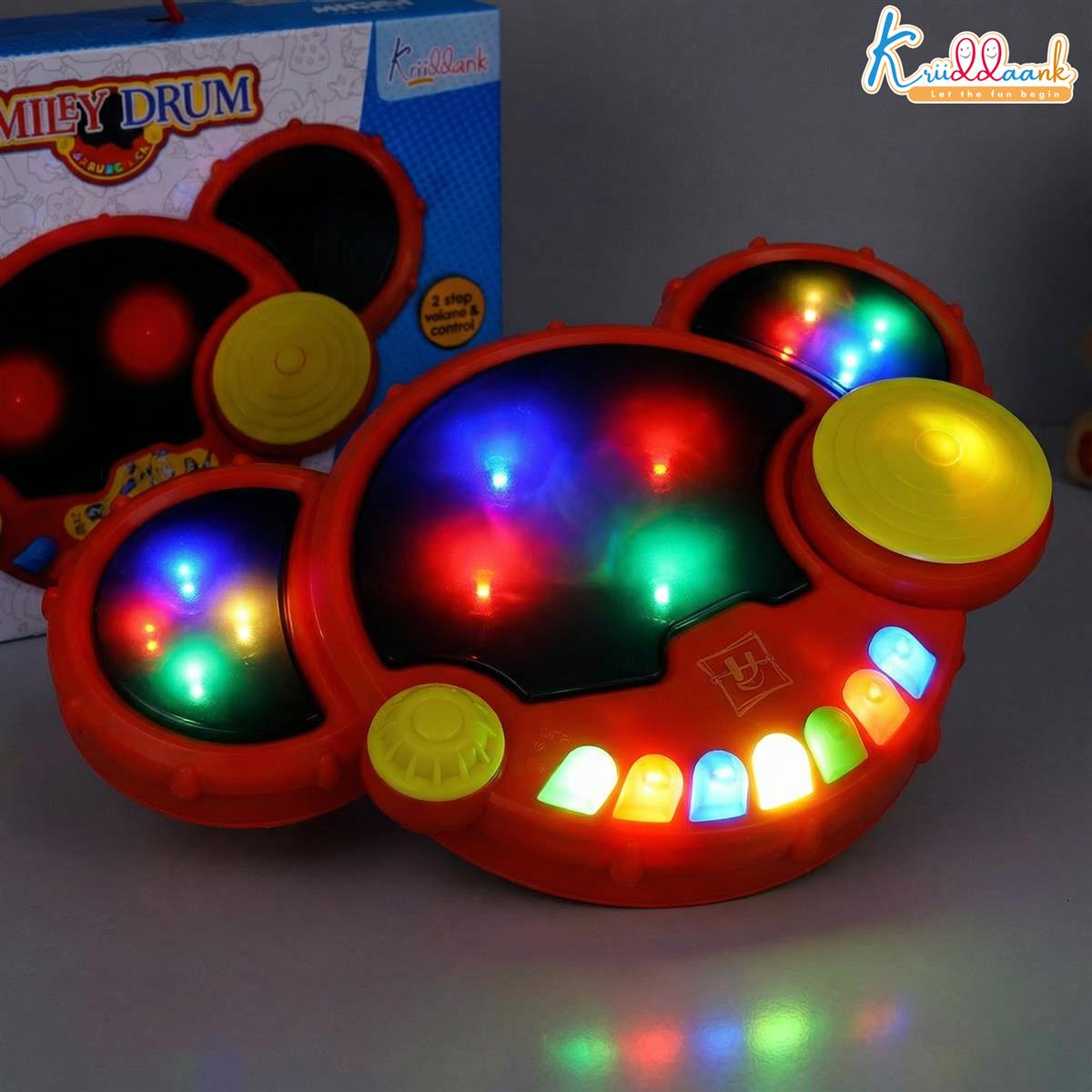 Smiley Drum Musical Toy for Kids with 3 Drum Pads, Cymbal & Flashing 3D Lights - Interactive Educational Drum Set with 2-Step Volume Control & Musical Tones - Battery Operated Toy for Boys & Girls