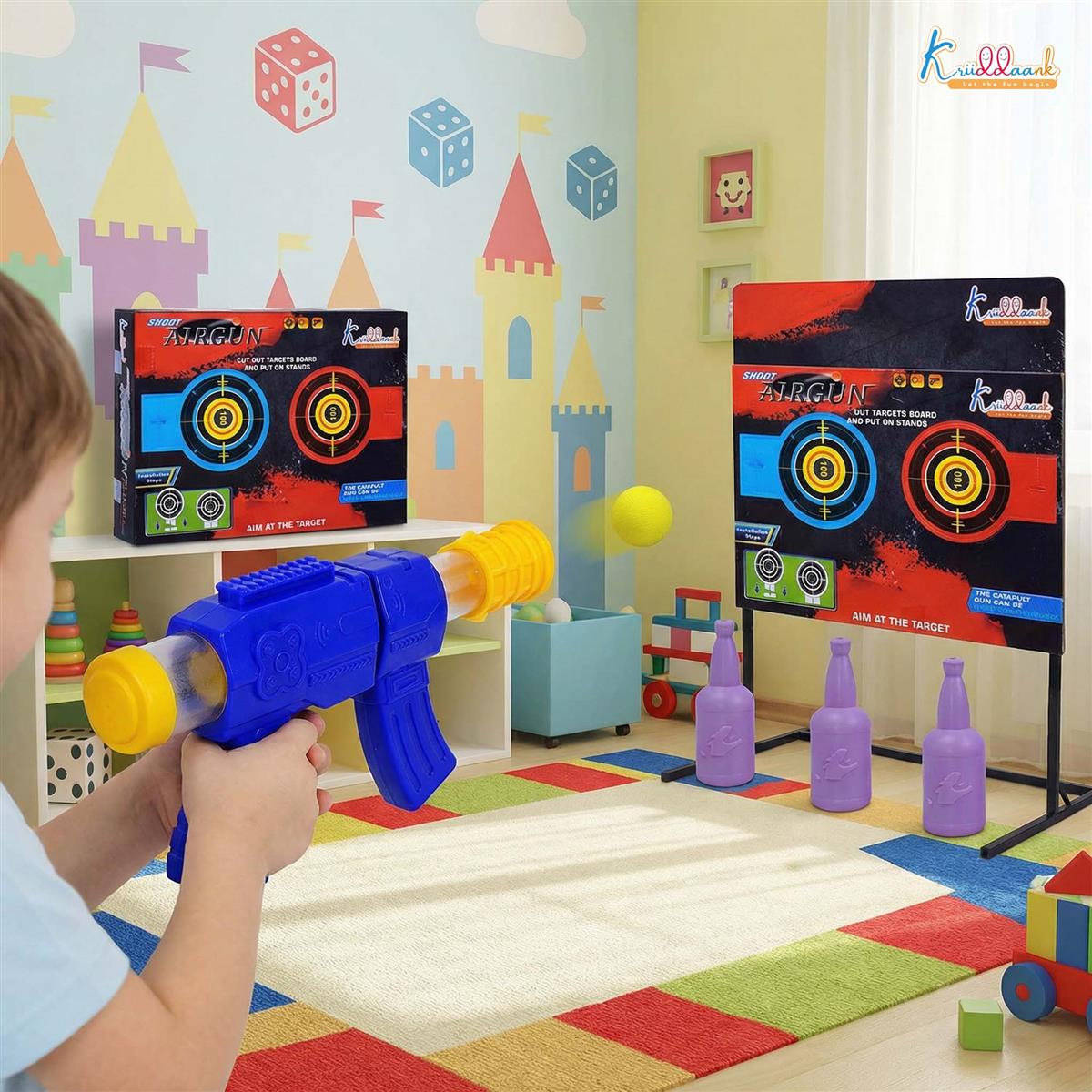 Kriiddank Foam Dart Gun Soft Ball Air-Powered Blaster Toy for Kids - Shooting Game with Target Boards & 16 Pieces - Safe Foam Ball Shooter for Boys & Girls 3+ Years (Yellow)