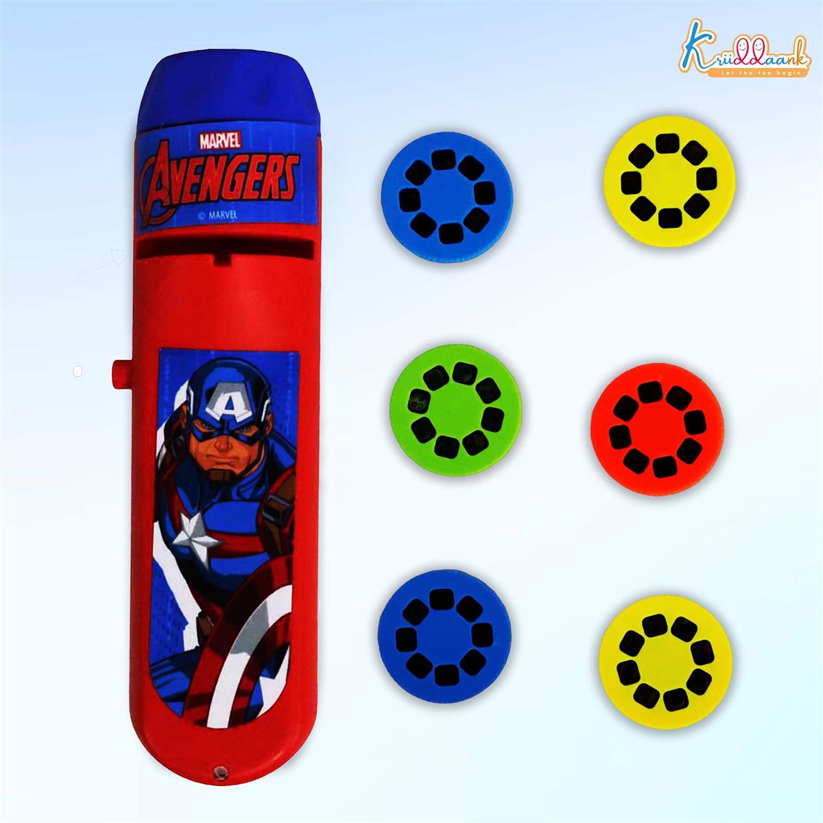 Marvel Avengers Projector Torch - Handheld Battery Operated LED Flashlight for Kids, Includes 3 Character Slides with 24 Patterns, Creative Drawing & Tracing Set with Stencils and Markers, Red