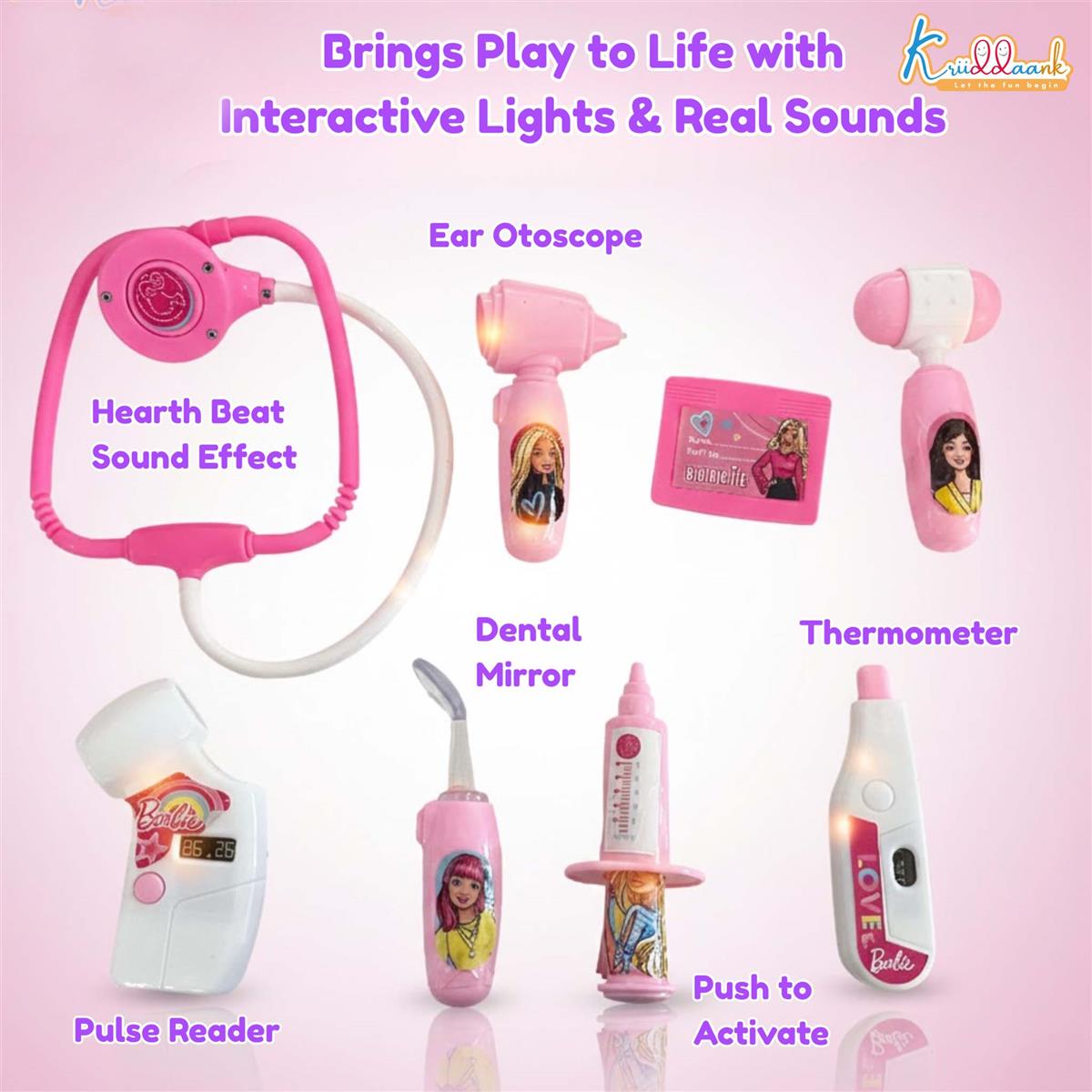 Barbie Kids' Portable 2-in-1 Doctor Kit Backpack & Suitcase with Lights and Sounds - 8 Piece Pretend Play Medical Set for Girls & Boys Ages 3+ - Educational Roleplay Toy (Pink)
