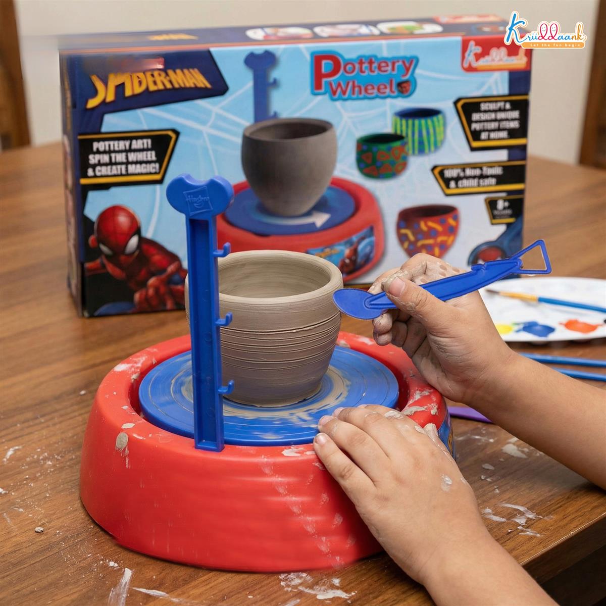 Spiderman Pottery Wheel Modeling Set for Kids - Complete Clay Sculpting, Art & Craft Kit with 800g Clay, Paints & Tools | Educational DIY Toy for Boys & Girls 8+ | Battery Operated with Music