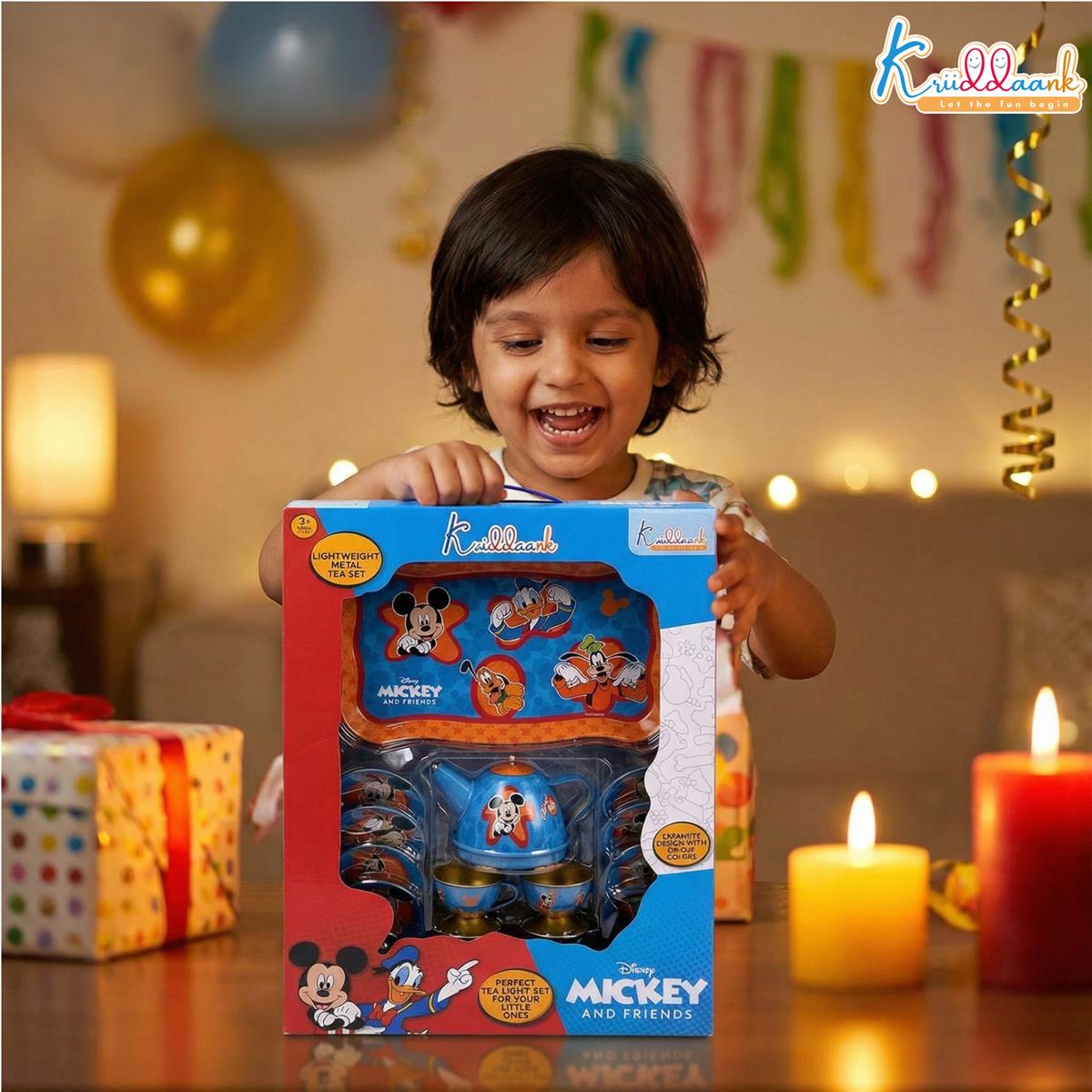Disney Mickey 14-Piece Childrenâ€™s Tin Tea Set - Junior Pretend & Play Kitchen Toy for Kids 3+ Years Old - Includes Cups, Saucers, Tray & Coasters - Durable Metal Play Set for Boys & Girls