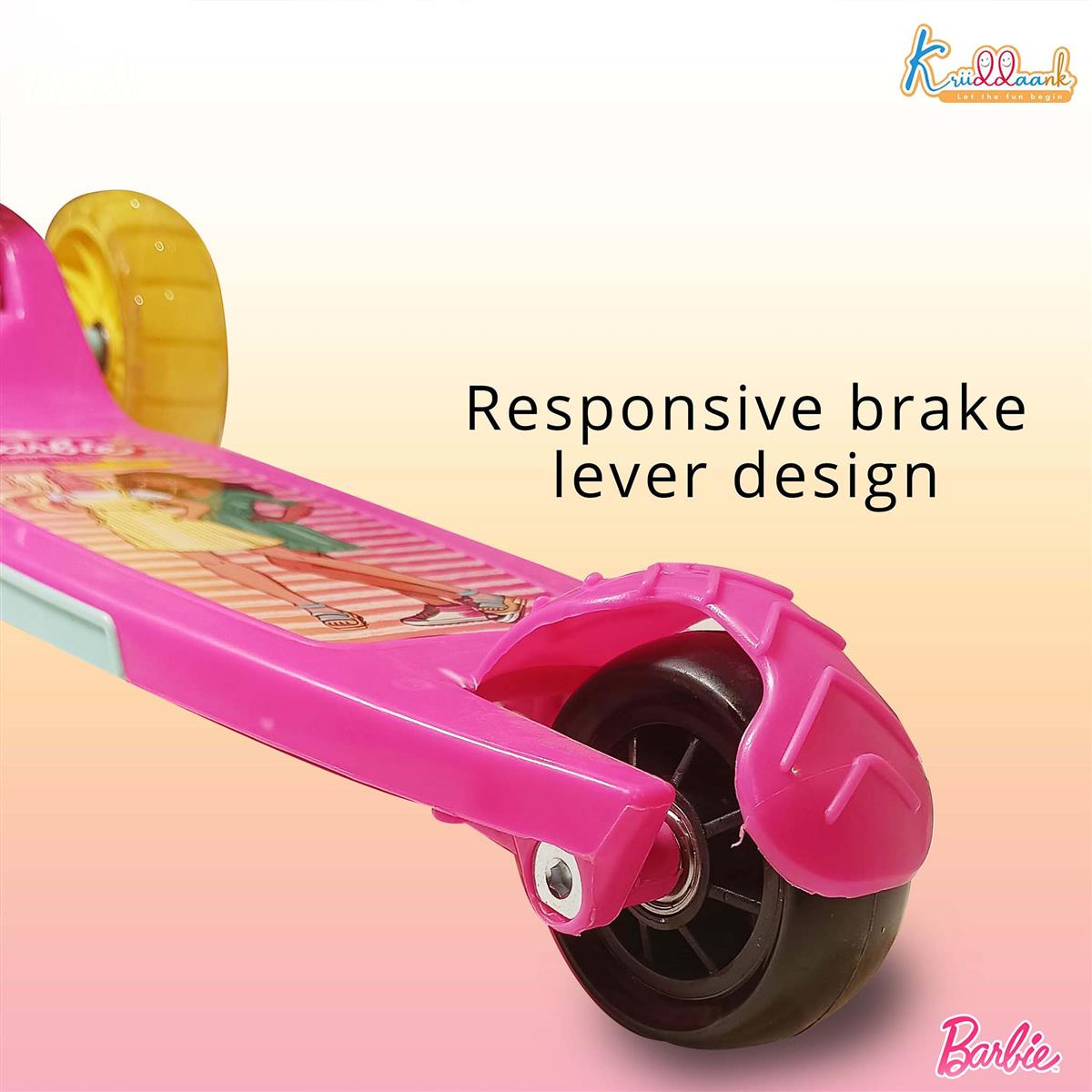 Kriiddaank Barbie Adventure 3-Wheel Kick Scooter for Kids (Ages 3-12), 5-Level Adjustable Height & Easy Fold Design, PVC Wheels, 25kg Weight Capacity, Pink
